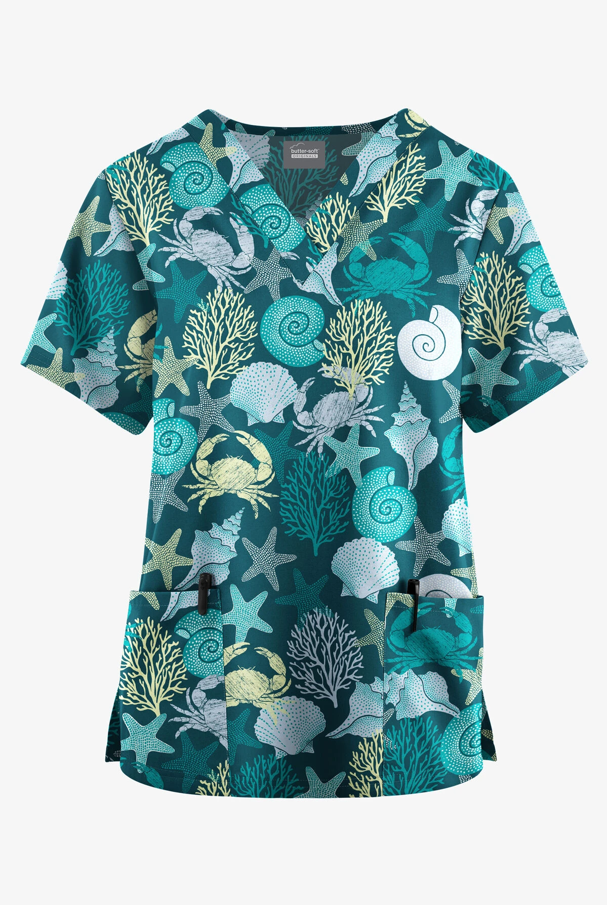 Butter-Soft Originals Beach Day Caribbean Blue Women's 2-Pocket Classic Fit V-Neck Printed Scrub Top 3 Butter-Soft Originals Beach Day Caribbean Blue Women's 2-Pocket Classic Fit V-Neck Printed Scrub Top