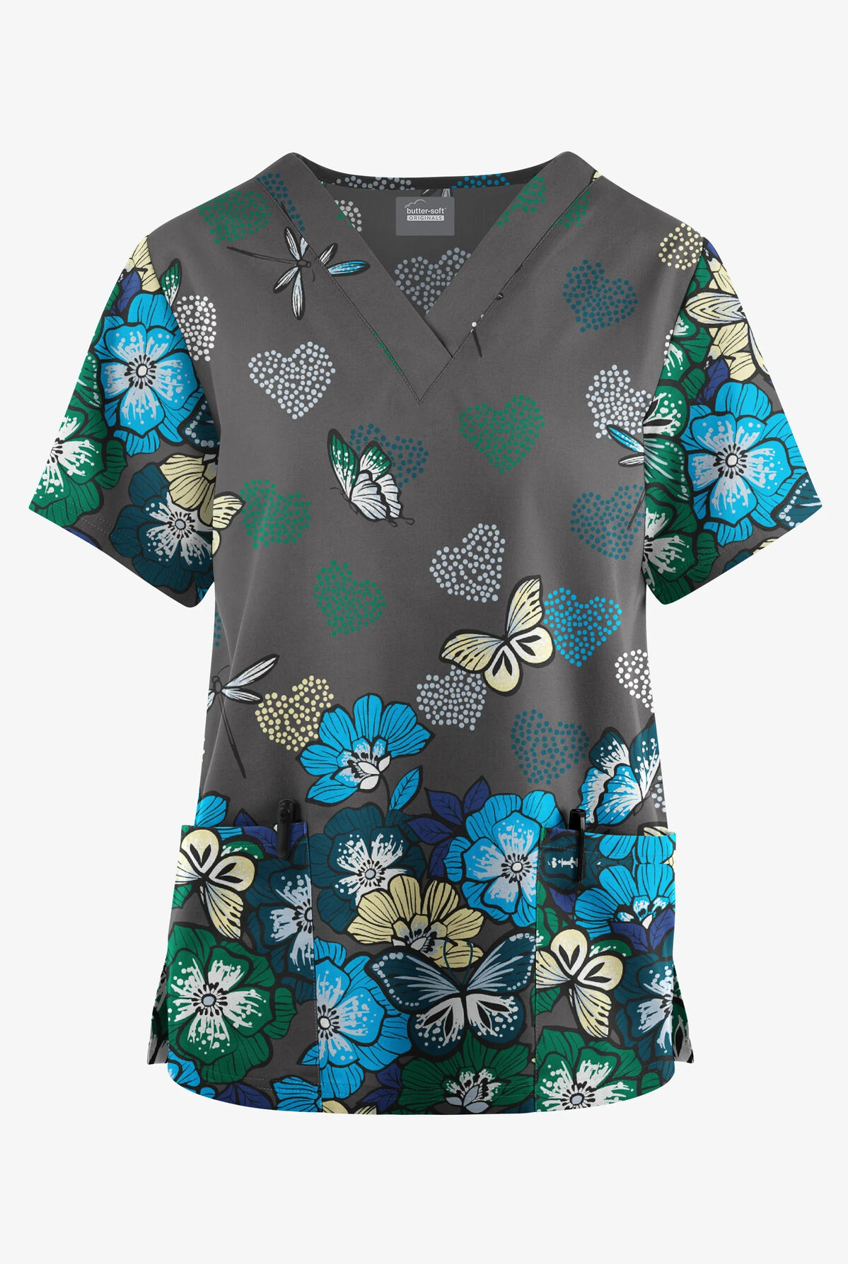 Butter-Soft Originals Butterfly Valley Pewter Women's 2-Pocket Classic Fit V-Neck Printed Scrub Top 3 Butter-Soft Originals Butterfly Valley Pewter Women's 2-Pocket Classic Fit V-Neck Printed Scrub Top