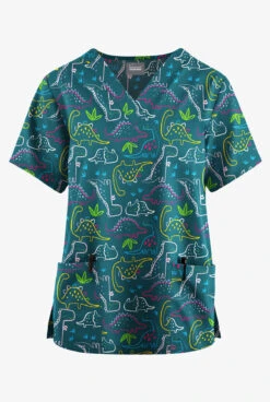 Butter-Soft Originals Dino Park Caribbean Blue Women's 2-Pocket Classic Fit V-Neck Printed Scrub Top