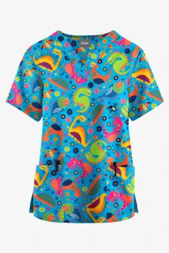 Fashion Clothing 7 Butter-Soft Originals Dino Party Turquoise Women's 2-Pocket Classic Fit V-Neck Printed Scrub Top