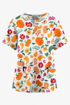 Fashion Clothing 17 Butter-Soft Originals Fall Harvest White Printed Women's 2-Pocket Classic Fit V-Neck Scrub Top