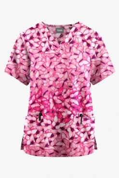 Butter-Soft Originals Garden Butterflies Blush Women's 2-Pocket Classic Fit V-Neck Printed Scrub Top
