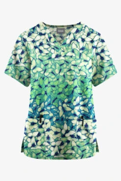 Butter-Soft Originals Garden Butterflies Teal Women's 2-Pocket Classic Fit V-Neck Printed Scrub Top