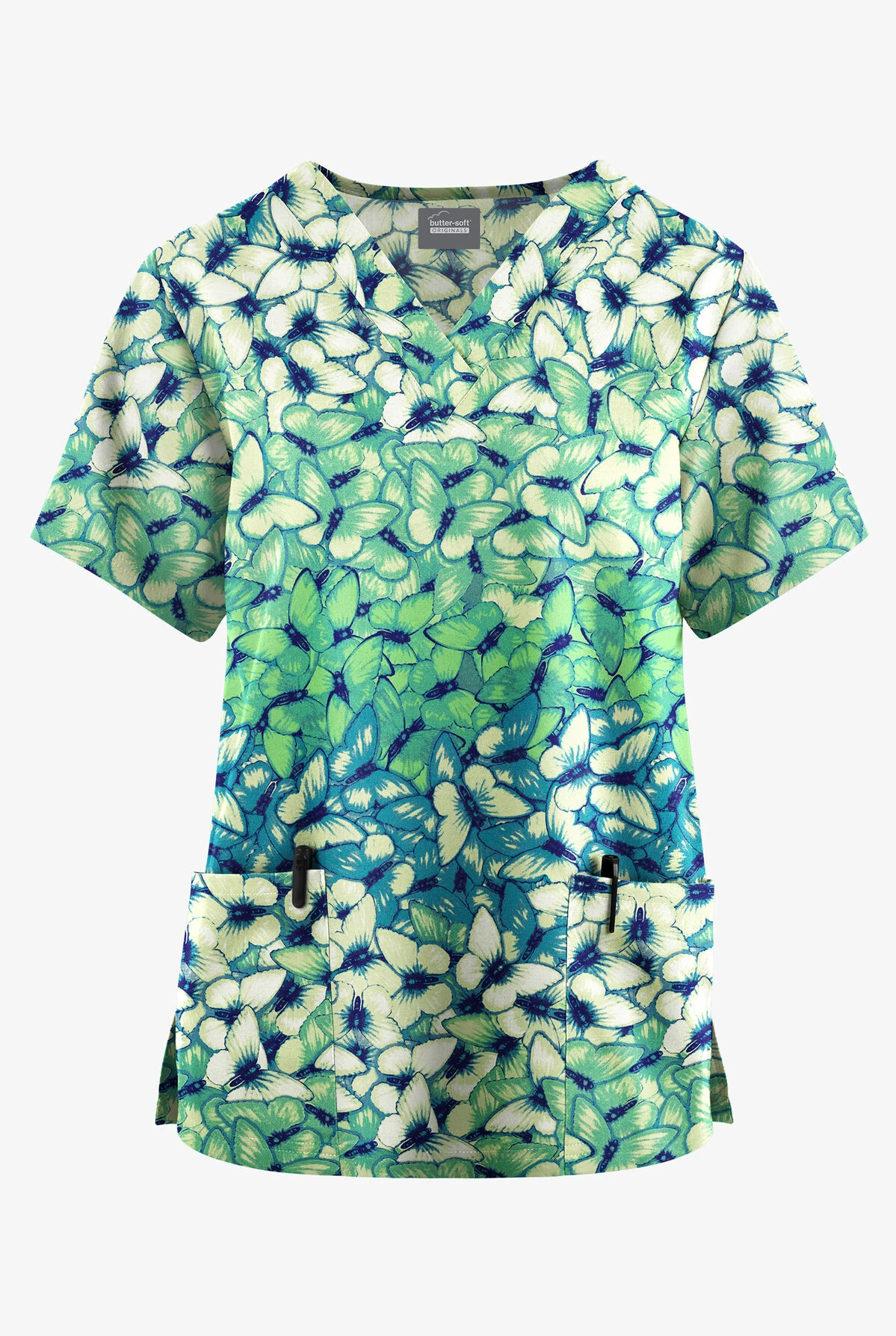 Butter-Soft Originals Garden Butterflies Teal Women's 2-Pocket Classic Fit V-Neck Printed Scrub Top 3 Butter-Soft Originals Garden Butterflies Teal Women's 2-Pocket Classic Fit V-Neck Printed Scrub Top
