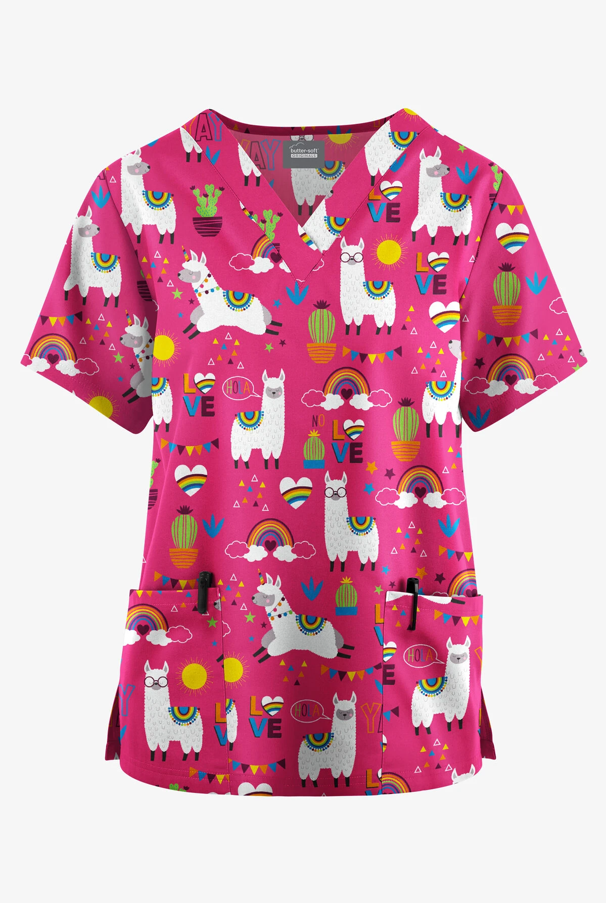 Butter-Soft Originals Llama Love Fuchsia Women's 2-Pocket Classic Fit V-Neck Printed Scrub Top 3 Butter-Soft Originals Llama Love Fuchsia Women's 2-Pocket Classic Fit V-Neck Printed Scrub Top