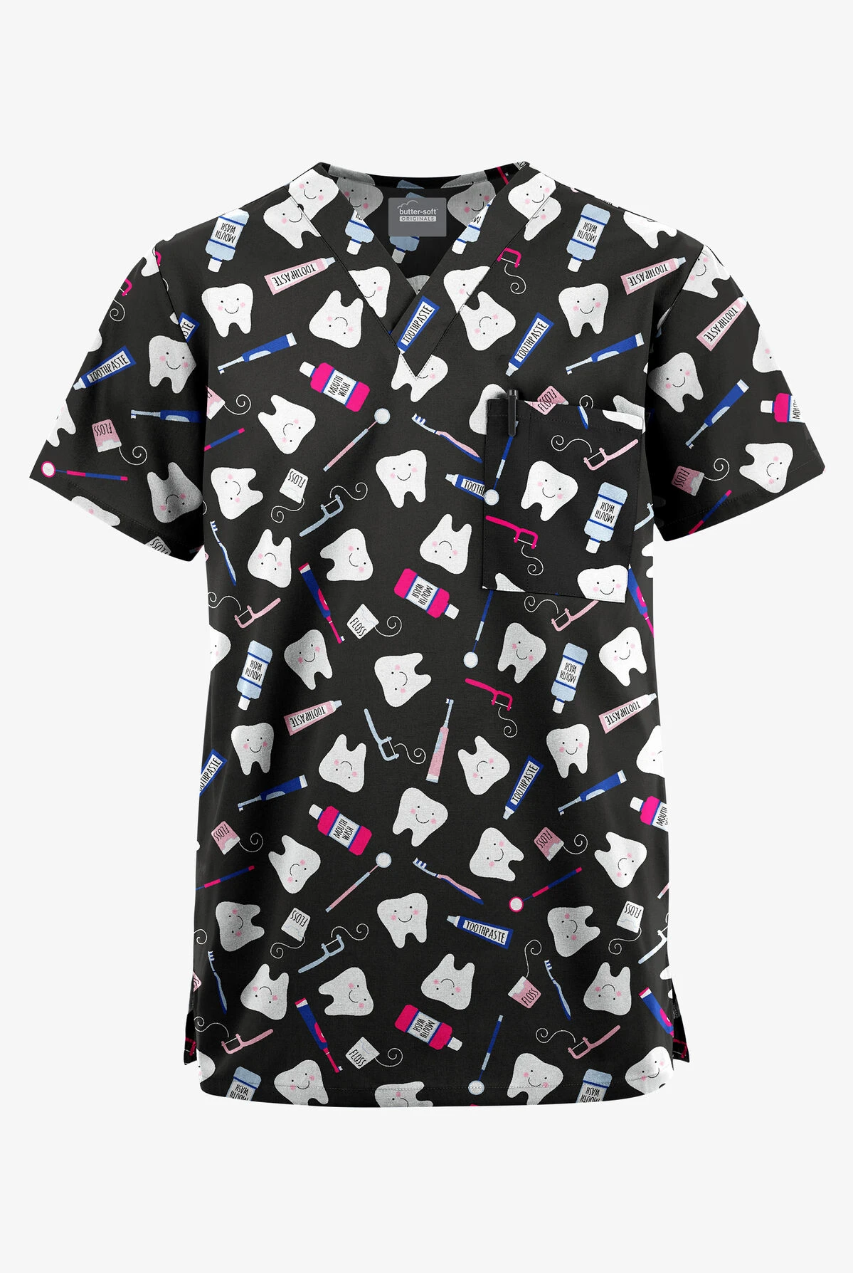 Butter-Soft Originals Happy Smile Unisex 2-Pocket V-Neck Printed Scrub Top 3 Butter-Soft Originals Happy Smile Unisex 2-Pocket V-Neck Printed Scrub Top