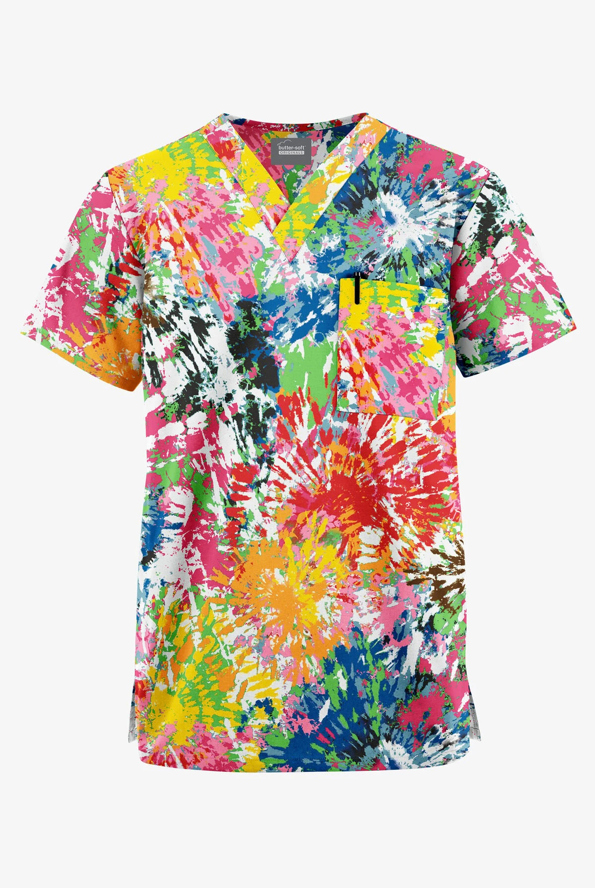 Butter-Soft Originals Rainbow Tie-Dye Unisex 2-Pocket V-Neck Printed Scrub Top 3 Butter-Soft Originals Rainbow Tie-Dye Unisex 2-Pocket V-Neck Printed Scrub Top