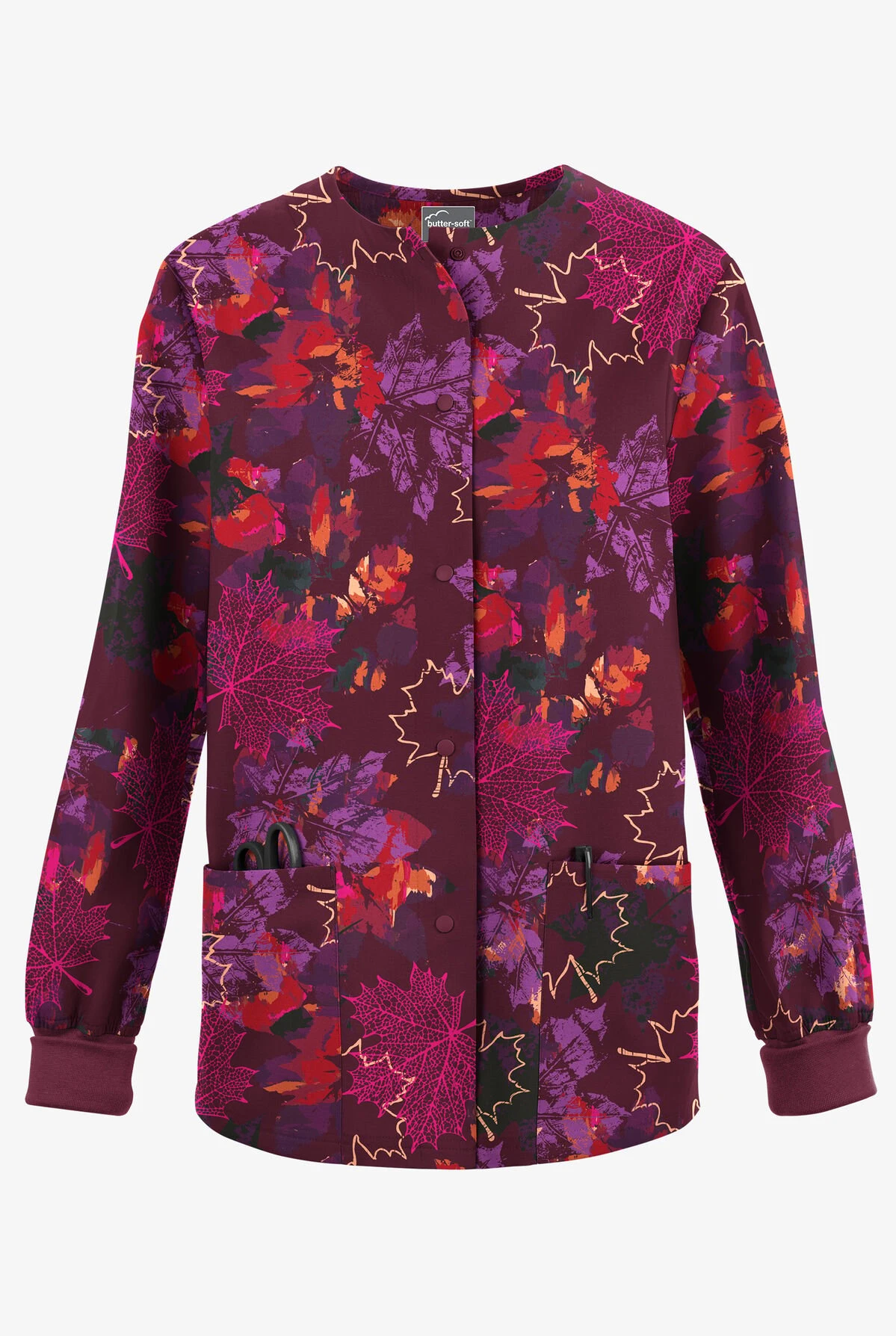Butter-Soft Originals Autumn Park Wine Women's 3-Pocket Warm-Up Printed Scrub Jacket 3 Butter-Soft Originals Autumn Park Wine Women's 3-Pocket Warm-Up Printed Scrub Jacket
