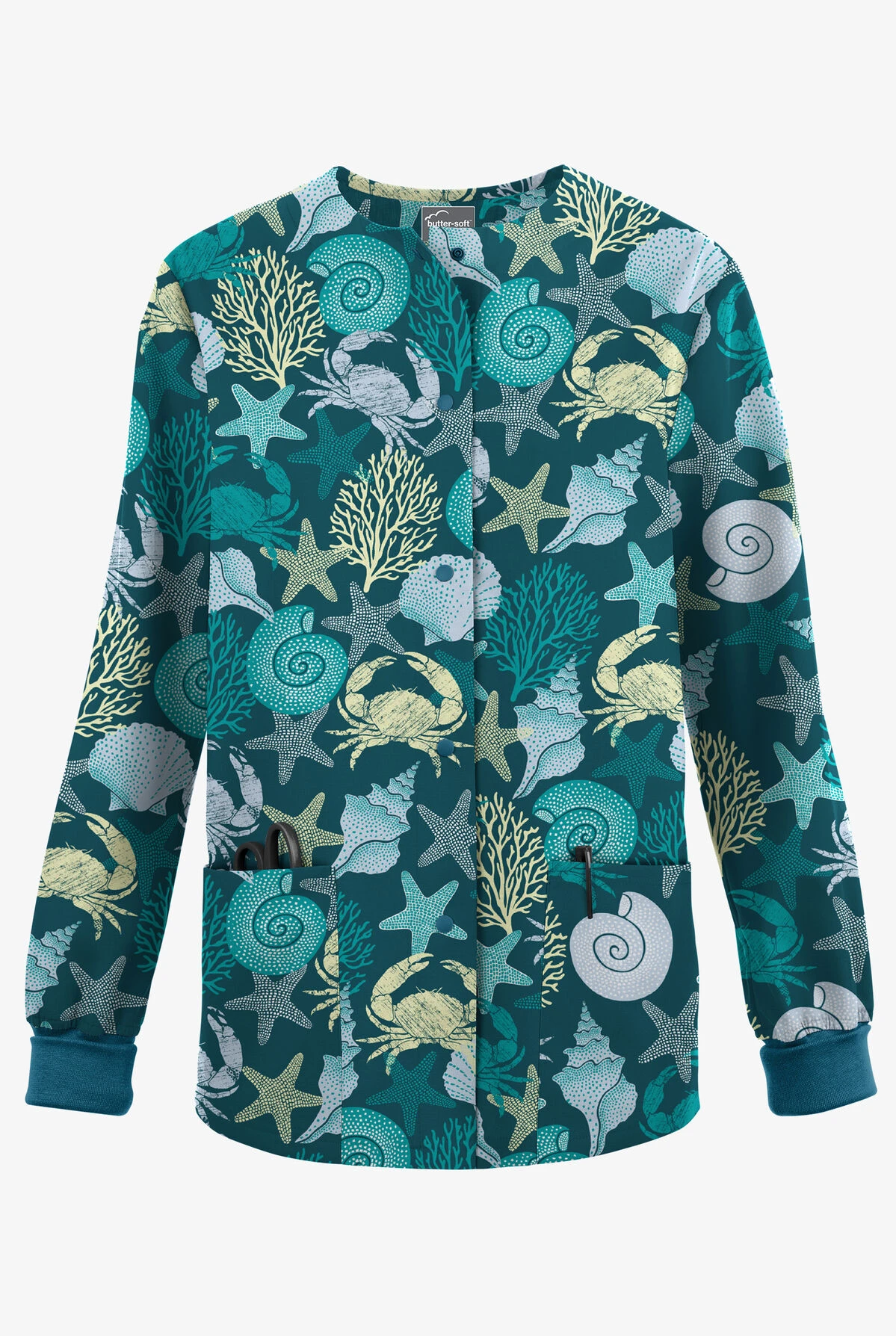 Butter-Soft Originals Beach Day Caribbean Blue Women's 3-Pocket Warm-Up Printed Scrub Jacket 3 Butter-Soft Originals Beach Day Caribbean Blue Women's 3-Pocket Warm-Up Printed Scrub Jacket
