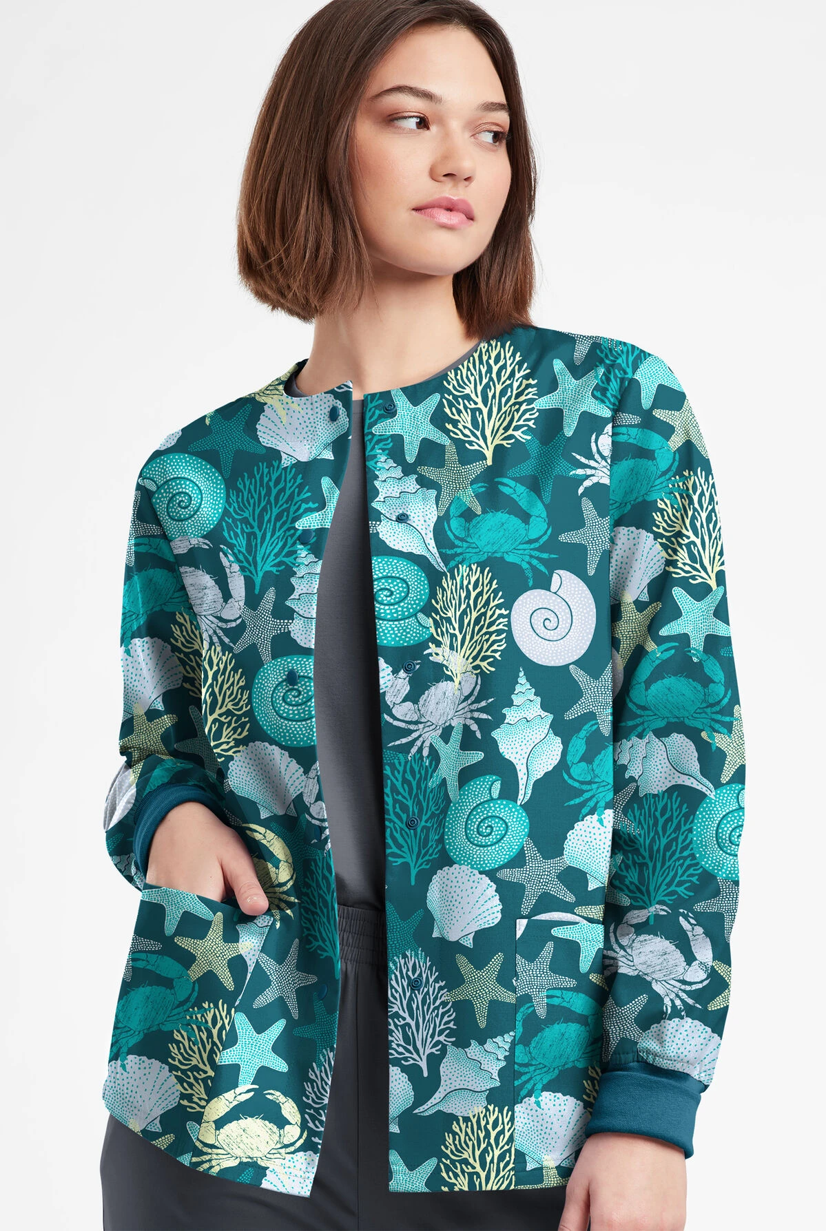 Butter-Soft Originals Beach Day Caribbean Blue Women's 3-Pocket Warm-Up Printed Scrub Jacket 4 Butter-Soft Originals Beach Day Caribbean Blue Women's 3-Pocket Warm-Up Printed Scrub Jacket - Image 2