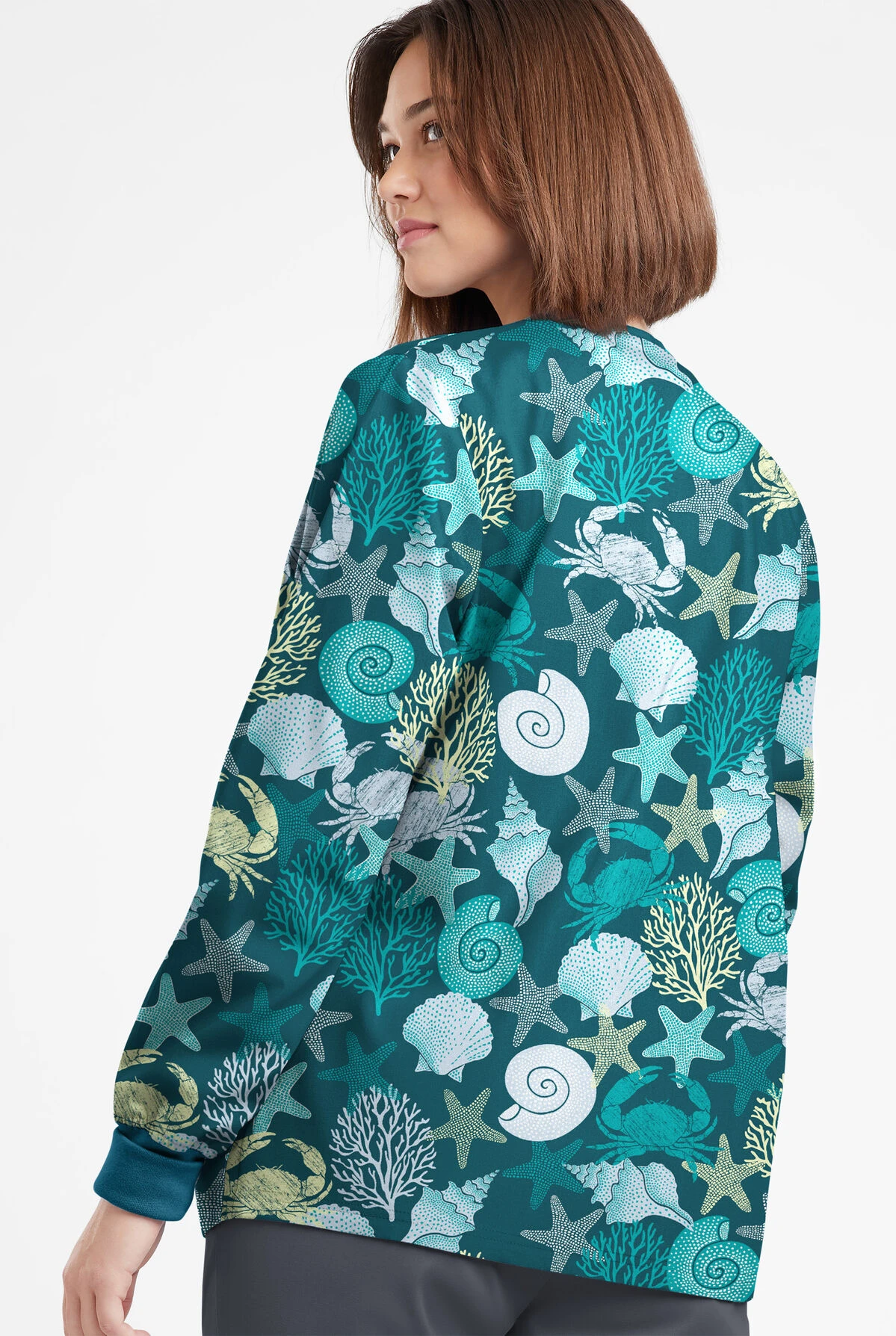 Butter-Soft Originals Beach Day Caribbean Blue Women's 3-Pocket Warm-Up Printed Scrub Jacket 5 Butter-Soft Originals Beach Day Caribbean Blue Women's 3-Pocket Warm-Up Printed Scrub Jacket - Image 3