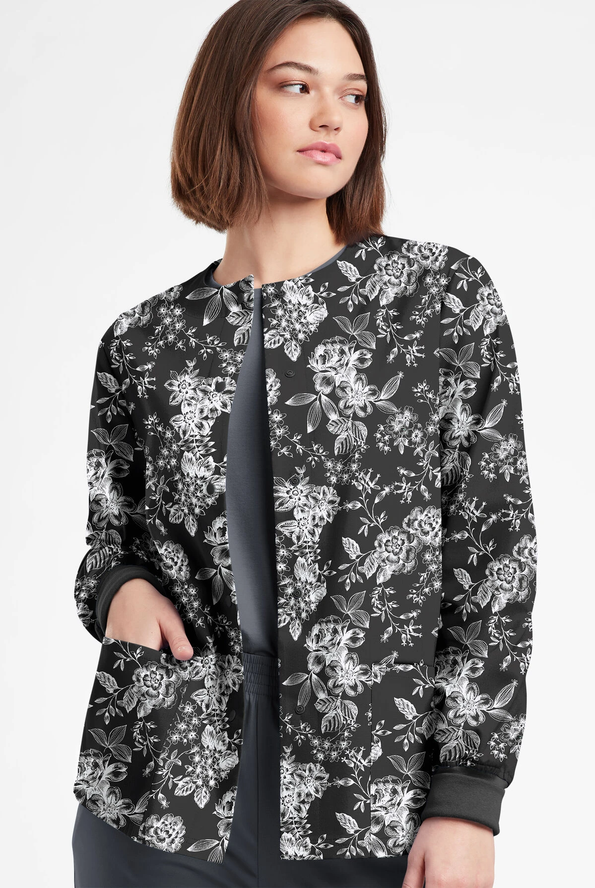 Butter-Soft Originals Etched Roses Women's 3-Pocket Warm-Up Printed Scrub Jacket 4 Butter-Soft Originals Etched Roses Women's 3-Pocket Warm-Up Printed Scrub Jacket - Image 2