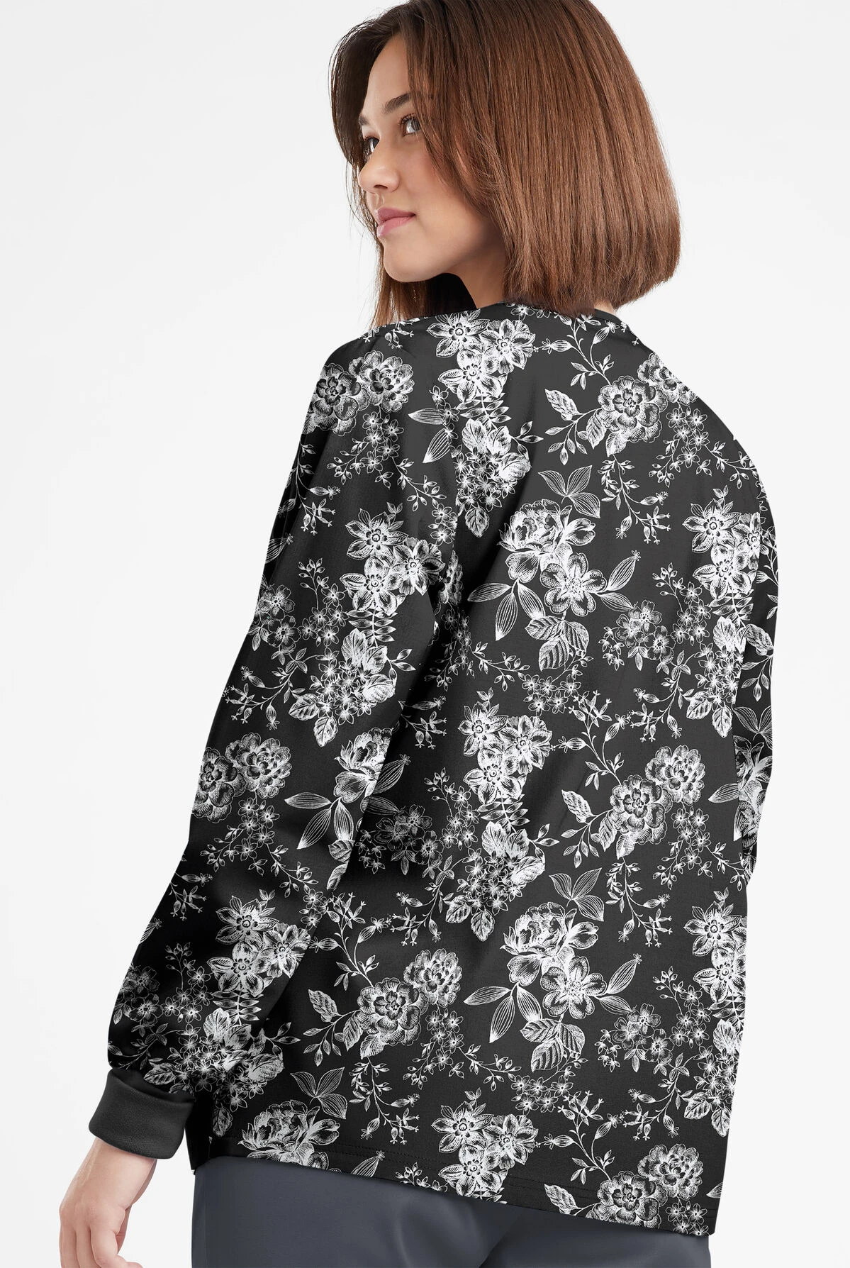 Butter-Soft Originals Etched Roses Women's 3-Pocket Warm-Up Printed Scrub Jacket 5 Butter-Soft Originals Etched Roses Women's 3-Pocket Warm-Up Printed Scrub Jacket - Image 3