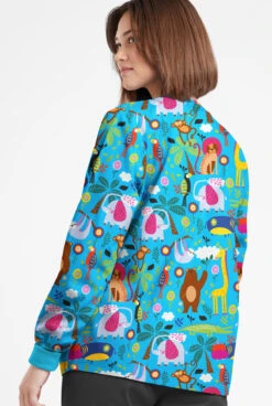 Butter-Soft Originals Jungle Party Turquoise Women's 3-Pocket Warm-Up Printed Scrub Jacket -Fashion Clothing BSN1182JPTQ 092623 3
