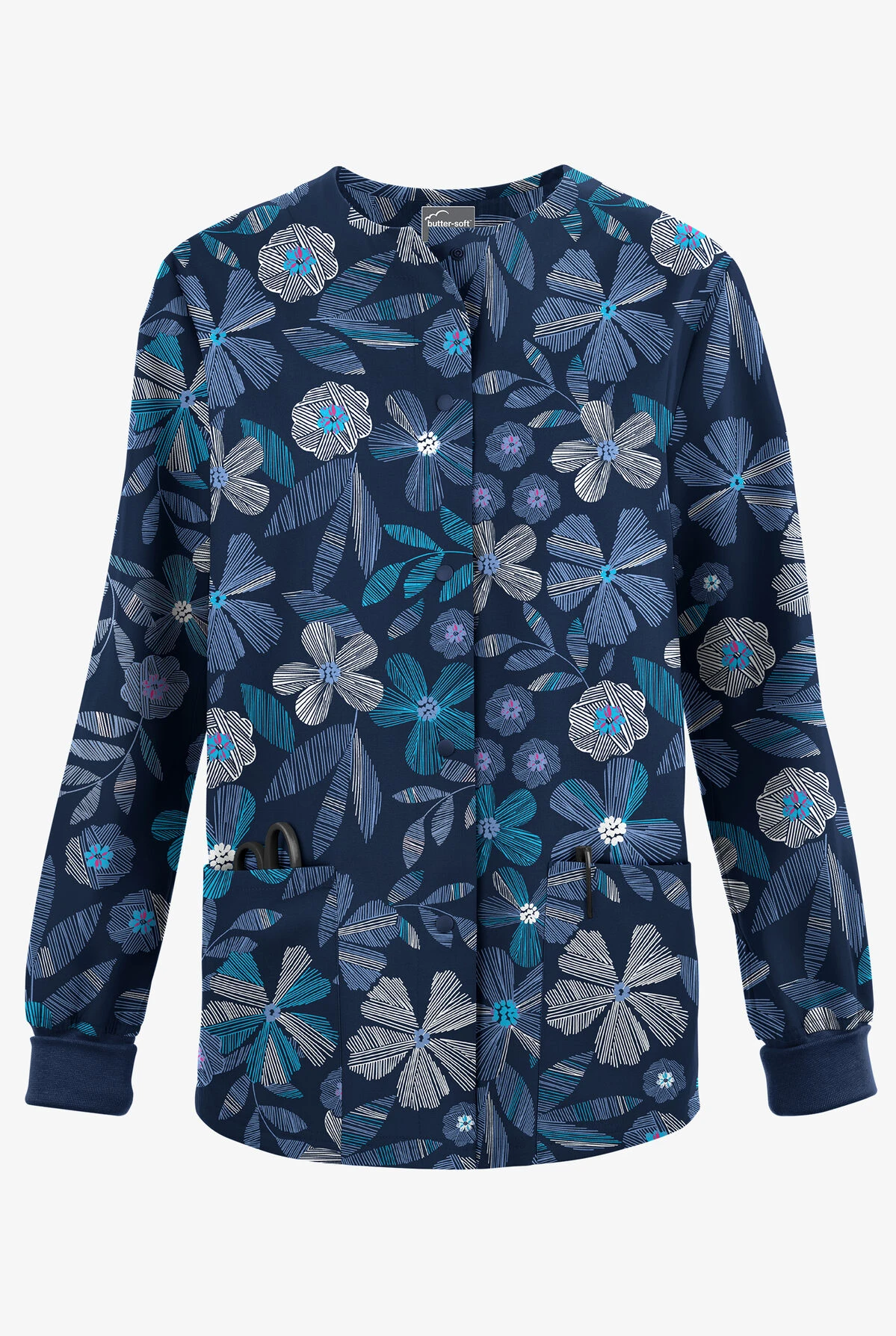 Butter-Soft Originals Linear Floral Ceil Women's 3-Pocket Warm-Up Printed Scrub Jacket 3 Butter-Soft Originals Linear Floral Ceil Women's 3-Pocket Warm-Up Printed Scrub Jacket