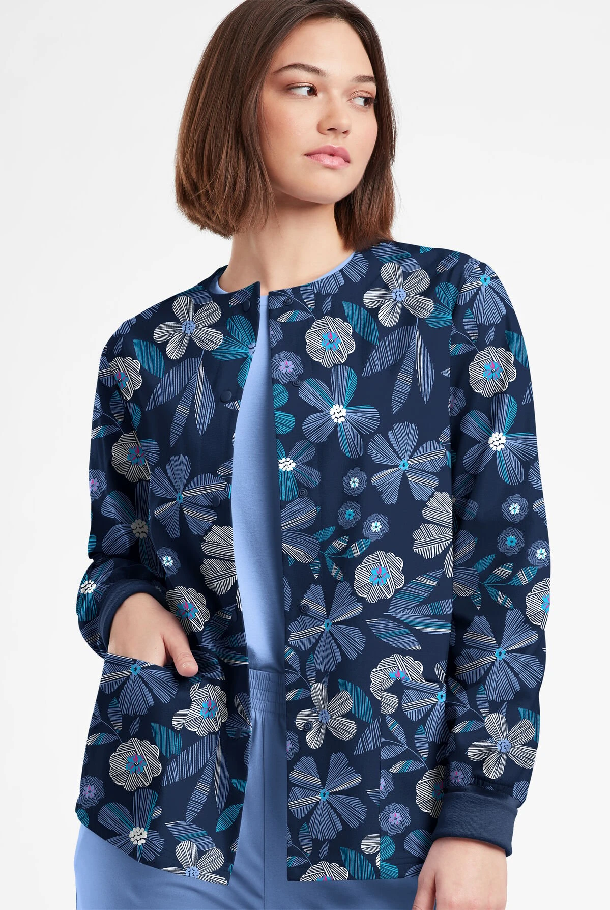Butter-Soft Originals Linear Floral Ceil Women's 3-Pocket Warm-Up Printed Scrub Jacket 4 Butter-Soft Originals Linear Floral Ceil Women's 3-Pocket Warm-Up Printed Scrub Jacket - Image 2