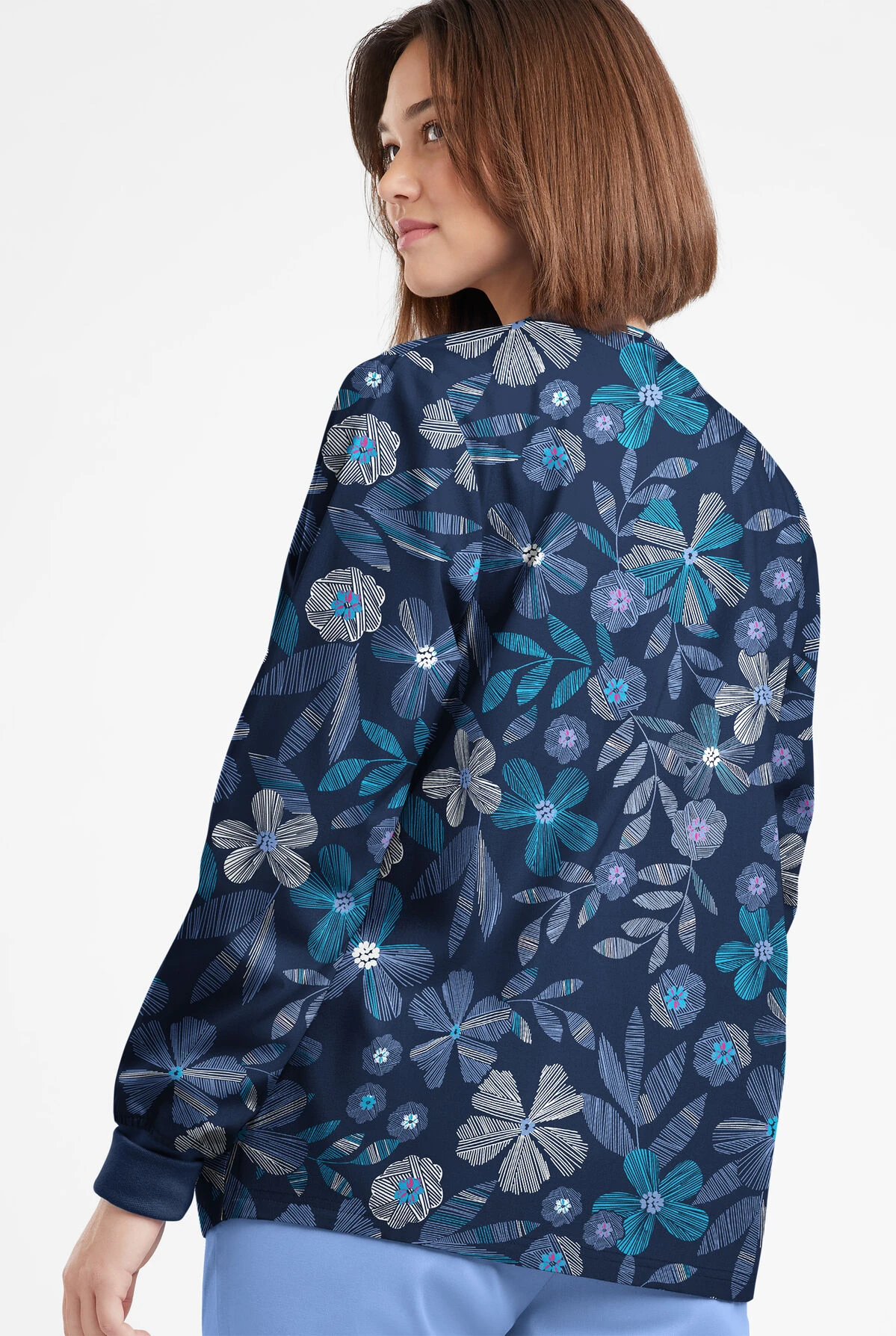 Butter-Soft Originals Linear Floral Ceil Women's 3-Pocket Warm-Up Printed Scrub Jacket 5 Butter-Soft Originals Linear Floral Ceil Women's 3-Pocket Warm-Up Printed Scrub Jacket - Image 3