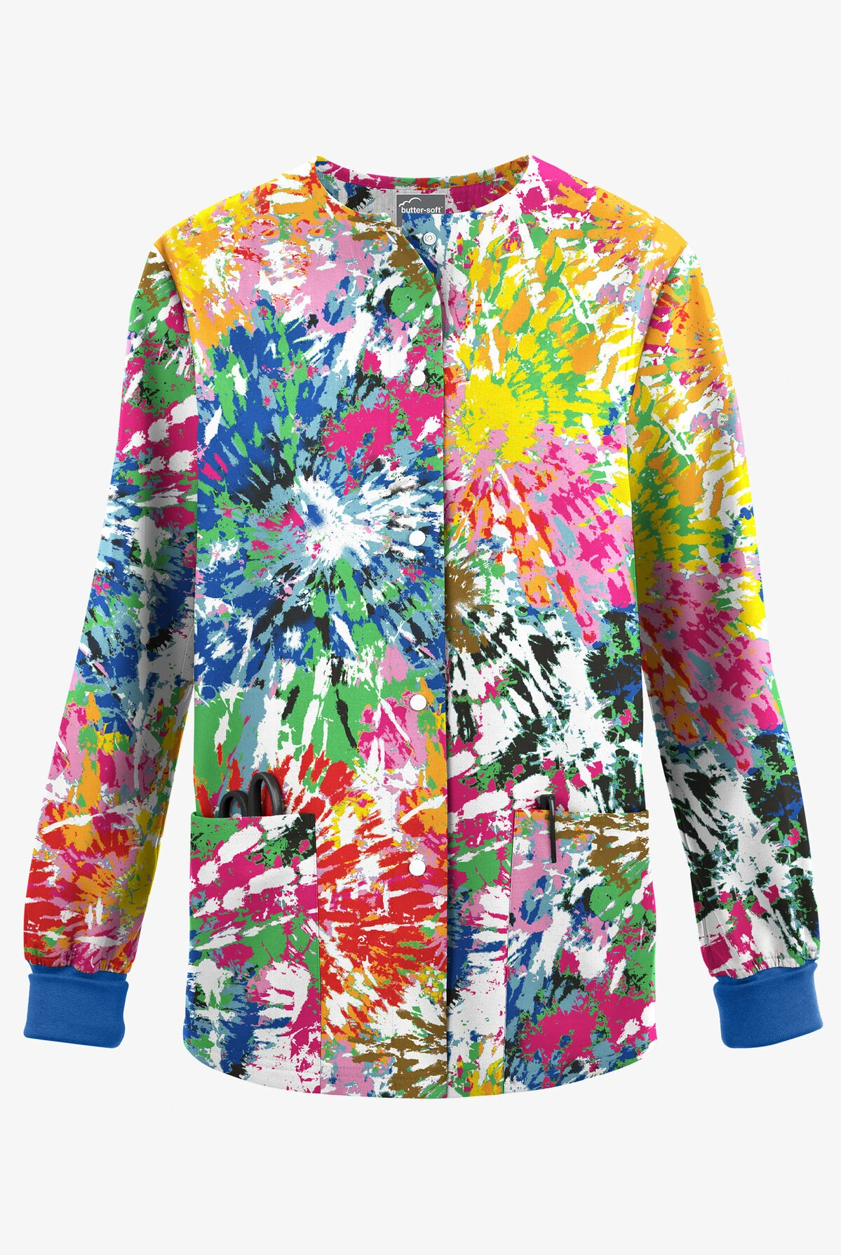 Butter-Soft Originals Rainbow Tie-Dye Women's 3-Pocket Warm-Up Printed Scrub Jacket 3 Butter-Soft Originals Rainbow Tie-Dye Women's 3-Pocket Warm-Up Printed Scrub Jacket