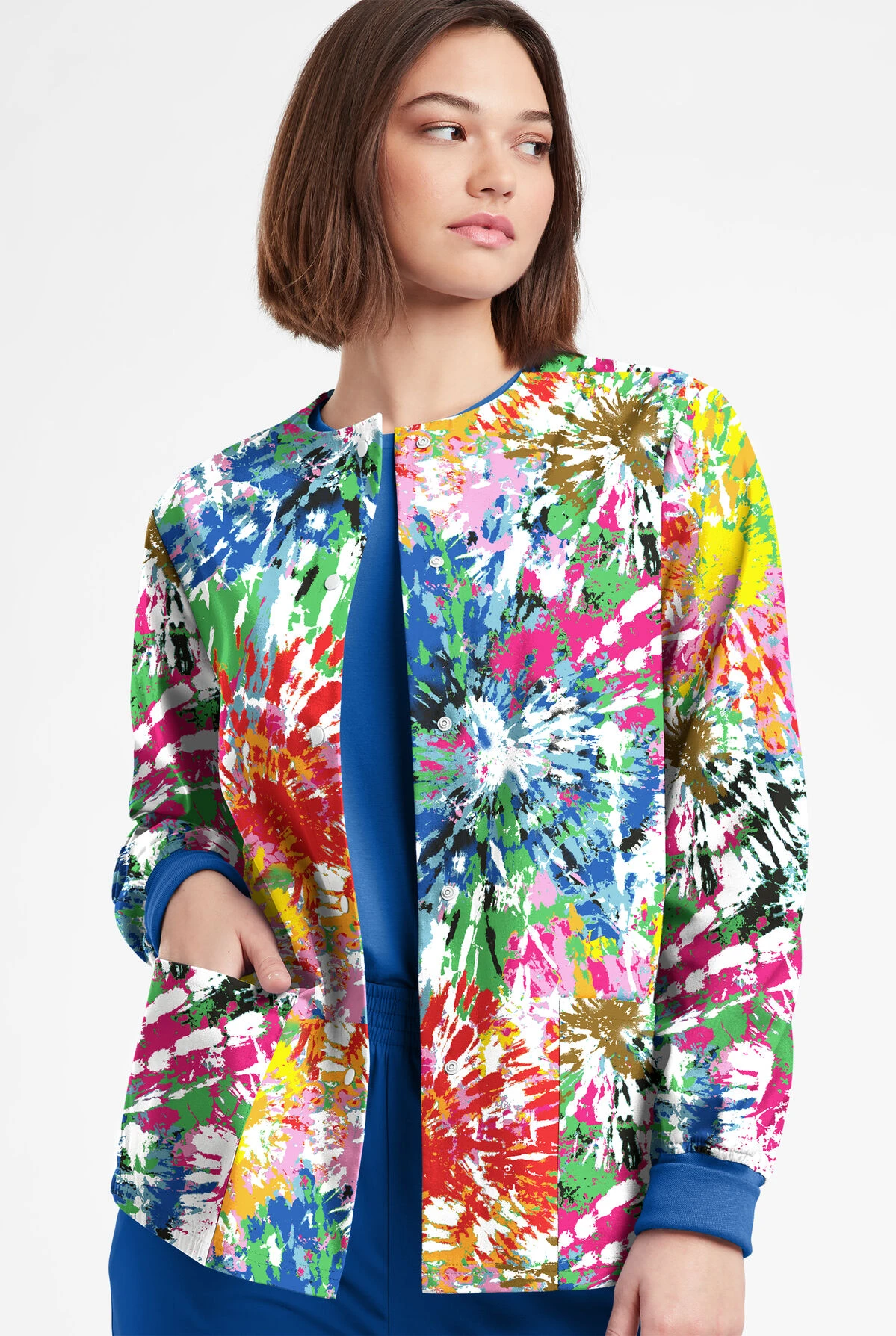Butter-Soft Originals Rainbow Tie-Dye Women's 3-Pocket Warm-Up Printed Scrub Jacket 4 Butter-Soft Originals Rainbow Tie-Dye Women's 3-Pocket Warm-Up Printed Scrub Jacket - Image 2