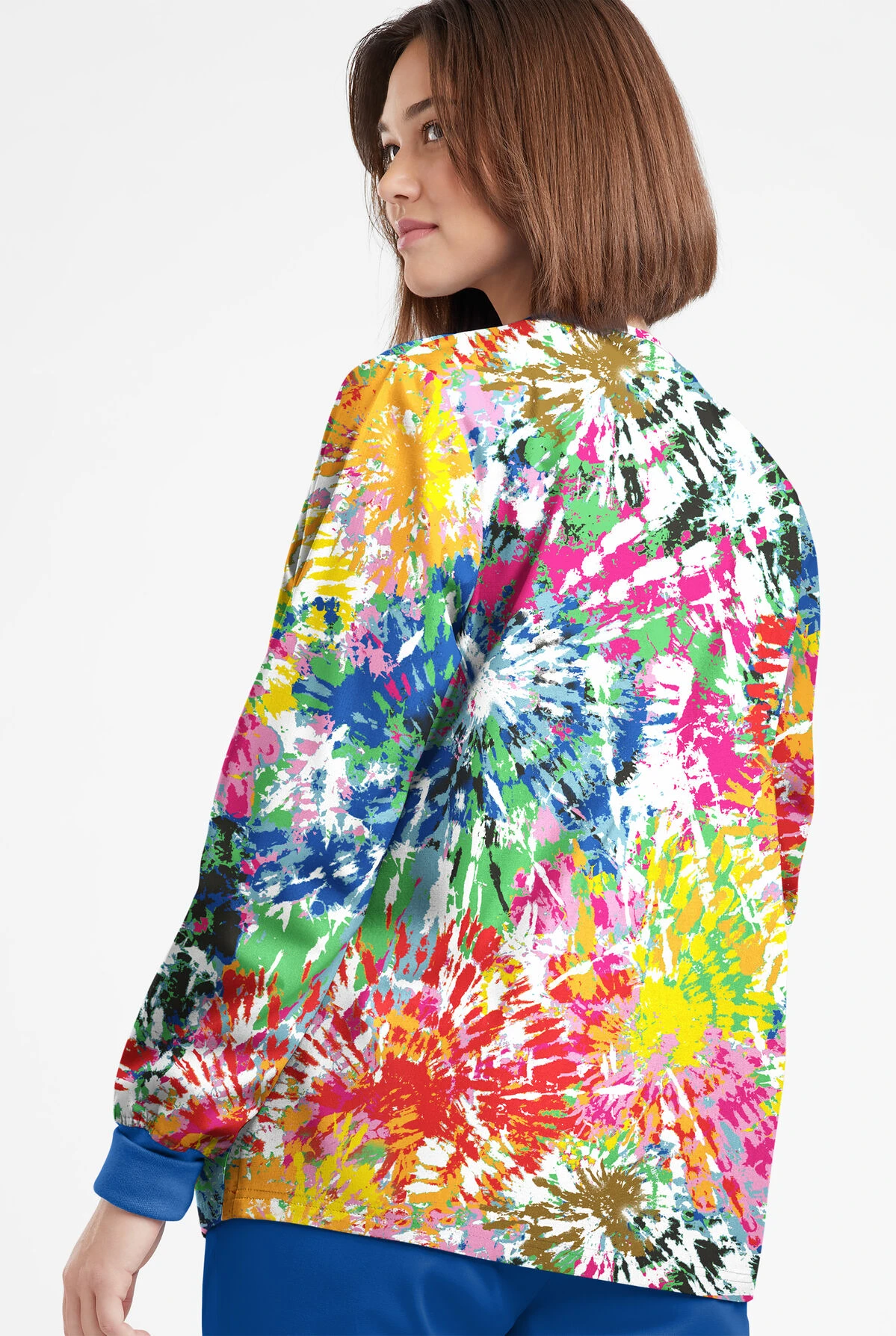 Butter-Soft Originals Rainbow Tie-Dye Women's 3-Pocket Warm-Up Printed Scrub Jacket 5 Butter-Soft Originals Rainbow Tie-Dye Women's 3-Pocket Warm-Up Printed Scrub Jacket - Image 3