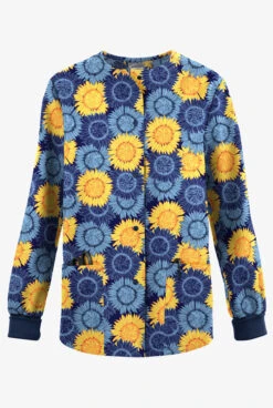 Butter-Soft Originals Sunflower Field Navy Women's 3-Pocket Warm-Up Printed Scrub Jacket
