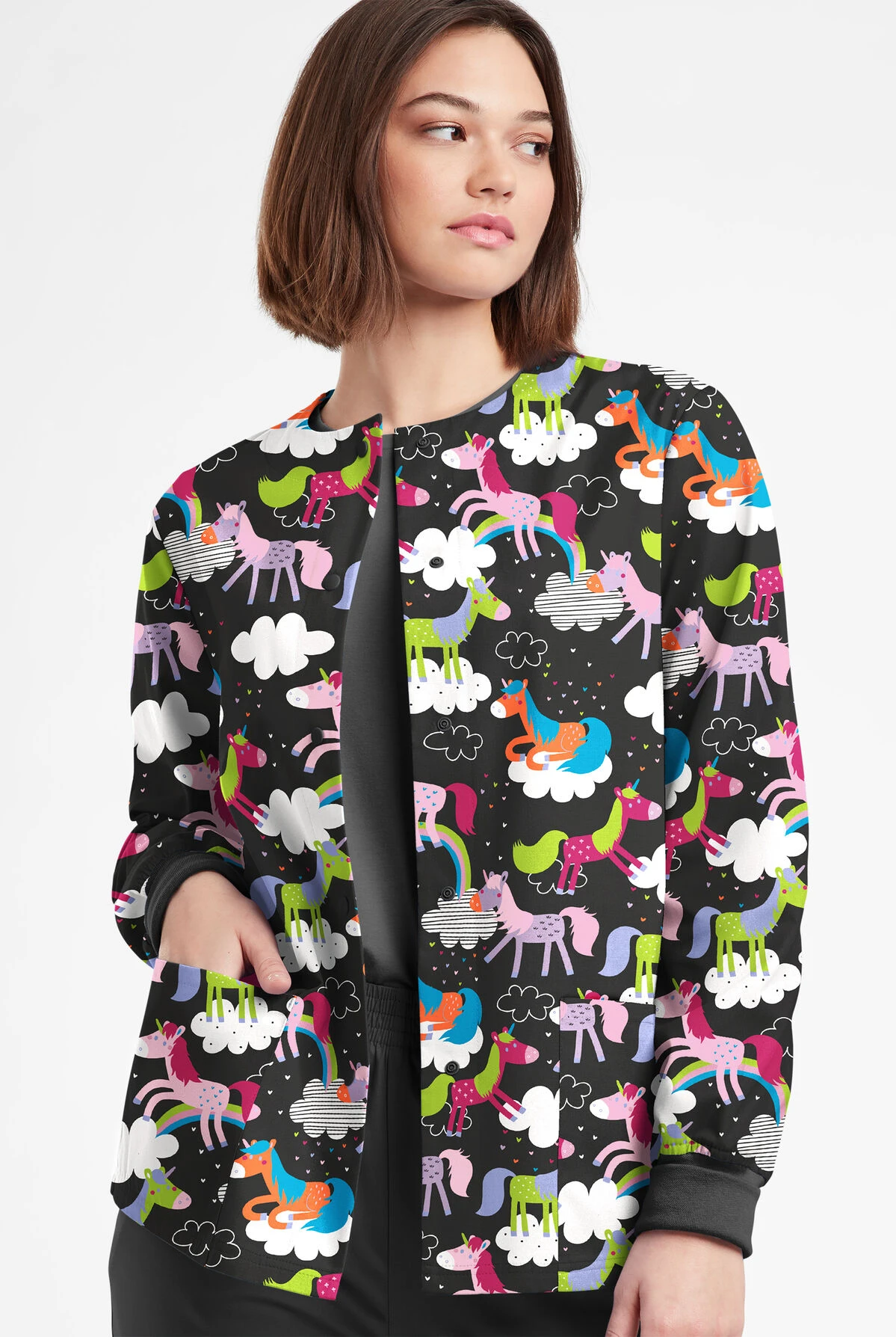 Butter-Soft Originals On The Clouds Women's 3-Pocket Warm-Up Printed Scrub Jacket 4 Butter-Soft Originals On The Clouds Women's 3-Pocket Warm-Up Printed Scrub Jacket - Image 2