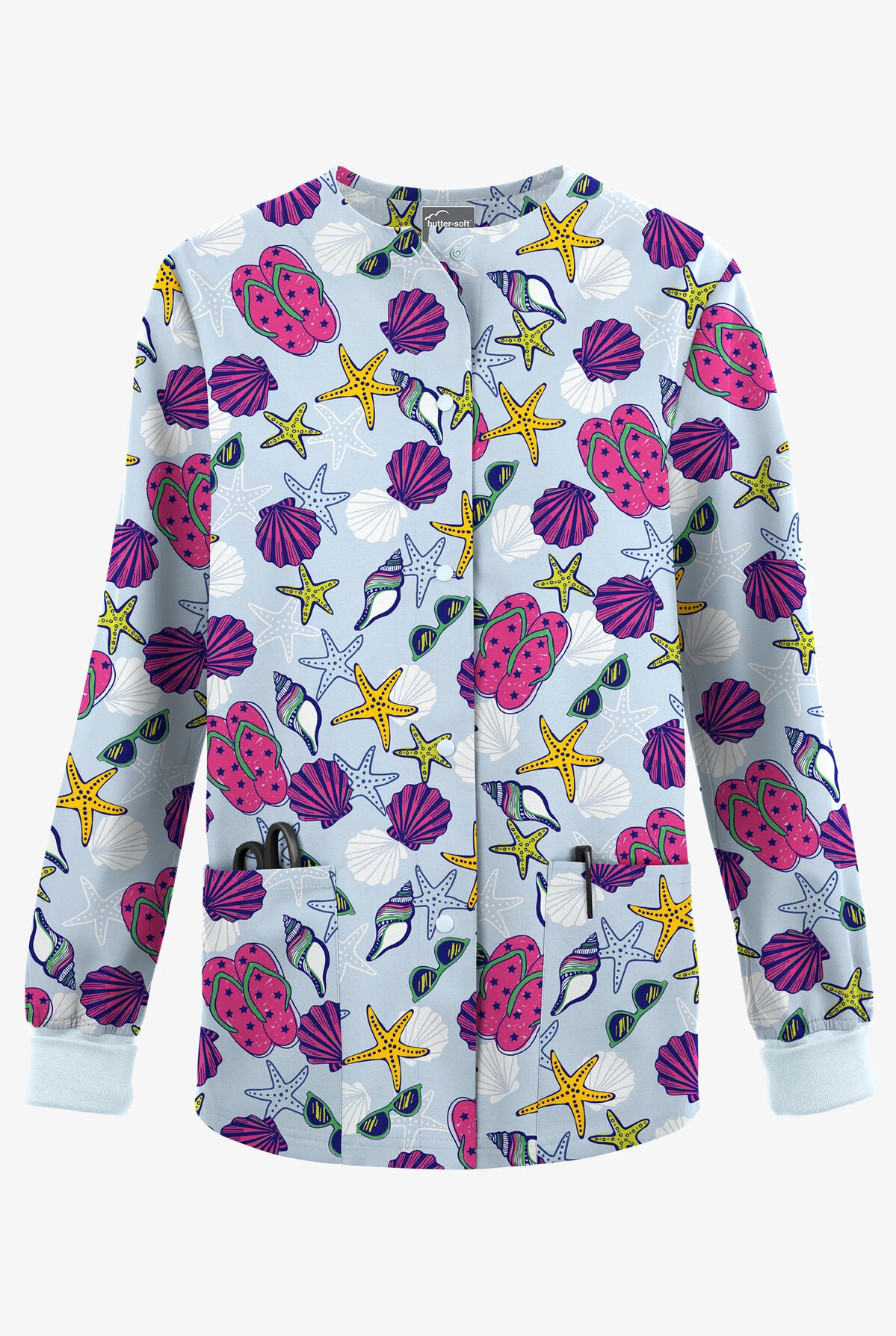 Butter-Soft Originals Walk On The Beach Morning Dew Women's 3-Pocket Warm-Up Printed Scrub Jacket 3 Butter-Soft Originals Walk On The Beach Morning Dew Women's 3-Pocket Warm-Up Printed Scrub Jacket