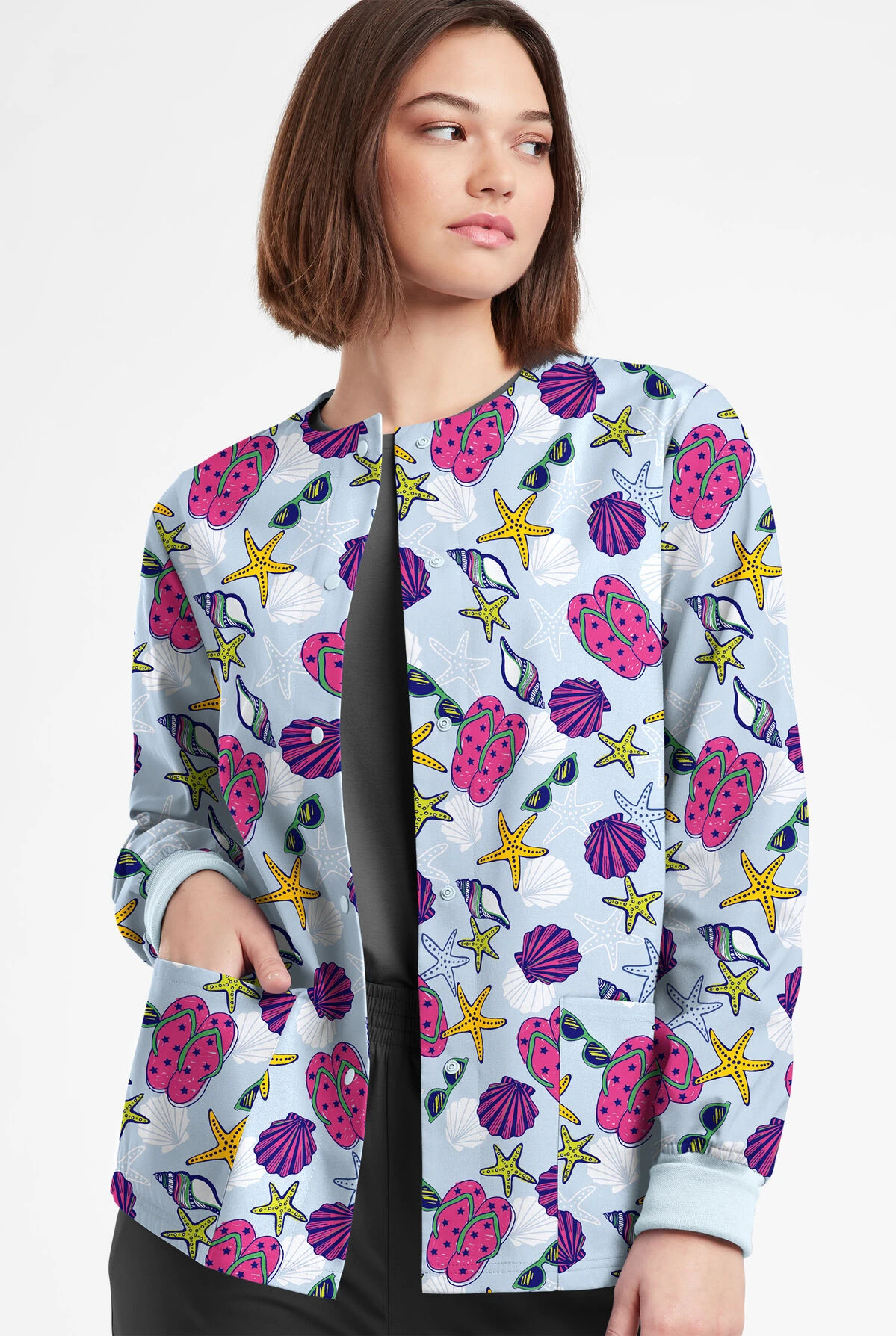 Butter-Soft Originals Walk On The Beach Morning Dew Women's 3-Pocket Warm-Up Printed Scrub Jacket 4 Butter-Soft Originals Walk On The Beach Morning Dew Women's 3-Pocket Warm-Up Printed Scrub Jacket - Image 2