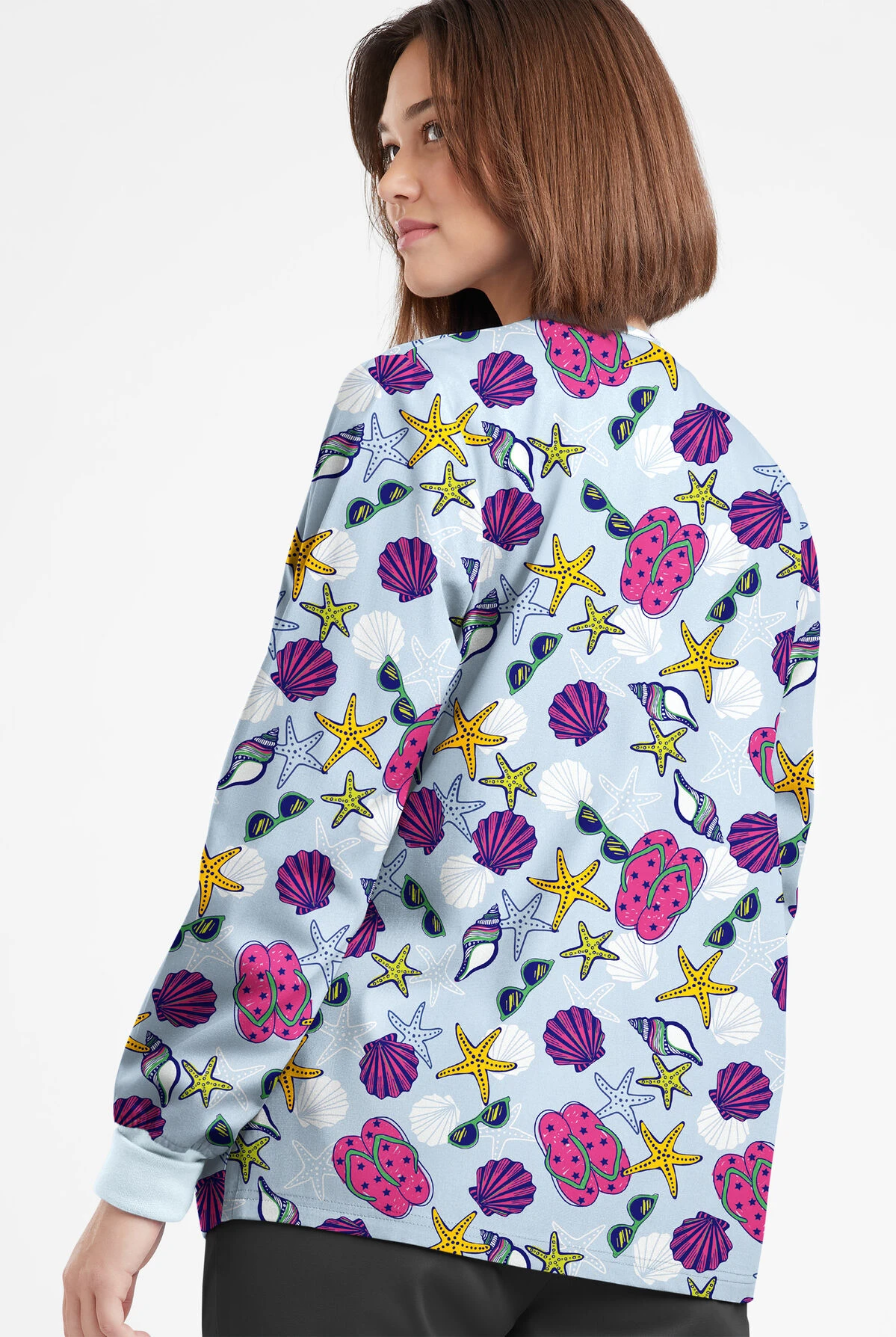 Butter-Soft Originals Walk On The Beach Morning Dew Women's 3-Pocket Warm-Up Printed Scrub Jacket 5 Butter-Soft Originals Walk On The Beach Morning Dew Women's 3-Pocket Warm-Up Printed Scrub Jacket - Image 3