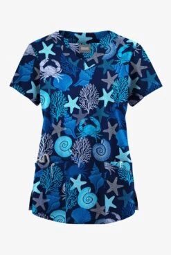 Butter-Soft Originals Beach Day Navy Women's 6-Pocket Scallop Neck Printed Scrub Top