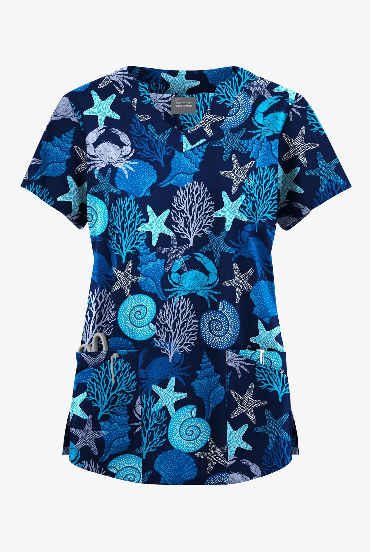 Butter-Soft Originals Beach Day Navy Women's 6-Pocket Scallop Neck Printed Scrub Top 3 Butter-Soft Originals Beach Day Navy Women's 6-Pocket Scallop Neck Printed Scrub Top