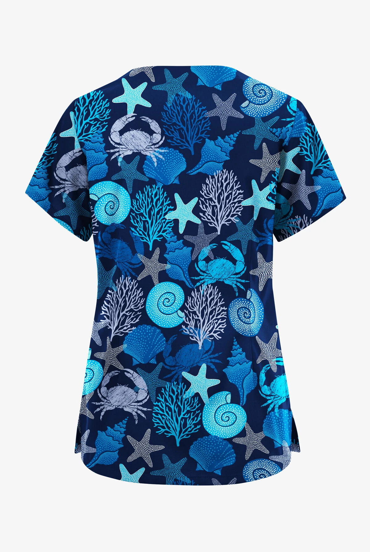 Butter-Soft Originals Beach Day Navy Women's 6-Pocket Scallop Neck Printed Scrub Top 4 Butter-Soft Originals Beach Day Navy Women's 6-Pocket Scallop Neck Printed Scrub Top - Image 2