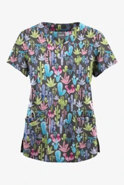 Butter-Soft Originals Desert Cactus Pewter Women's 6-Pocket Scallop Neck Printed Scrub Top