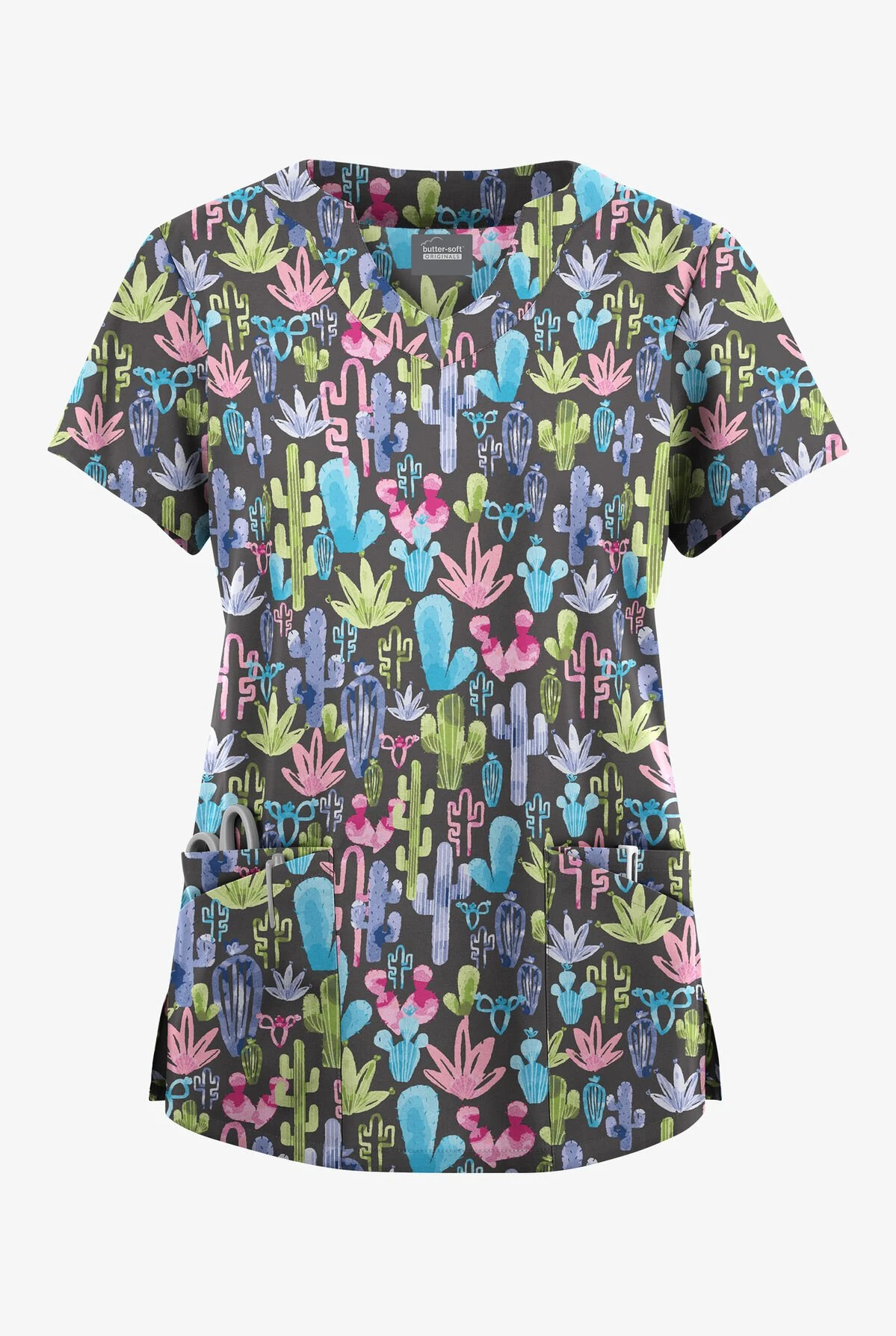 Butter-Soft Originals Desert Cactus Pewter Women's 6-Pocket Scallop Neck Printed Scrub Top 3 Butter-Soft Originals Desert Cactus Pewter Women's 6-Pocket Scallop Neck Printed Scrub Top