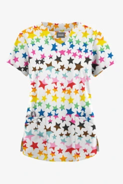 Butter-Soft Originals Happy Stars Women's 6-Pocket Scallop Neck Printed Scrub Top