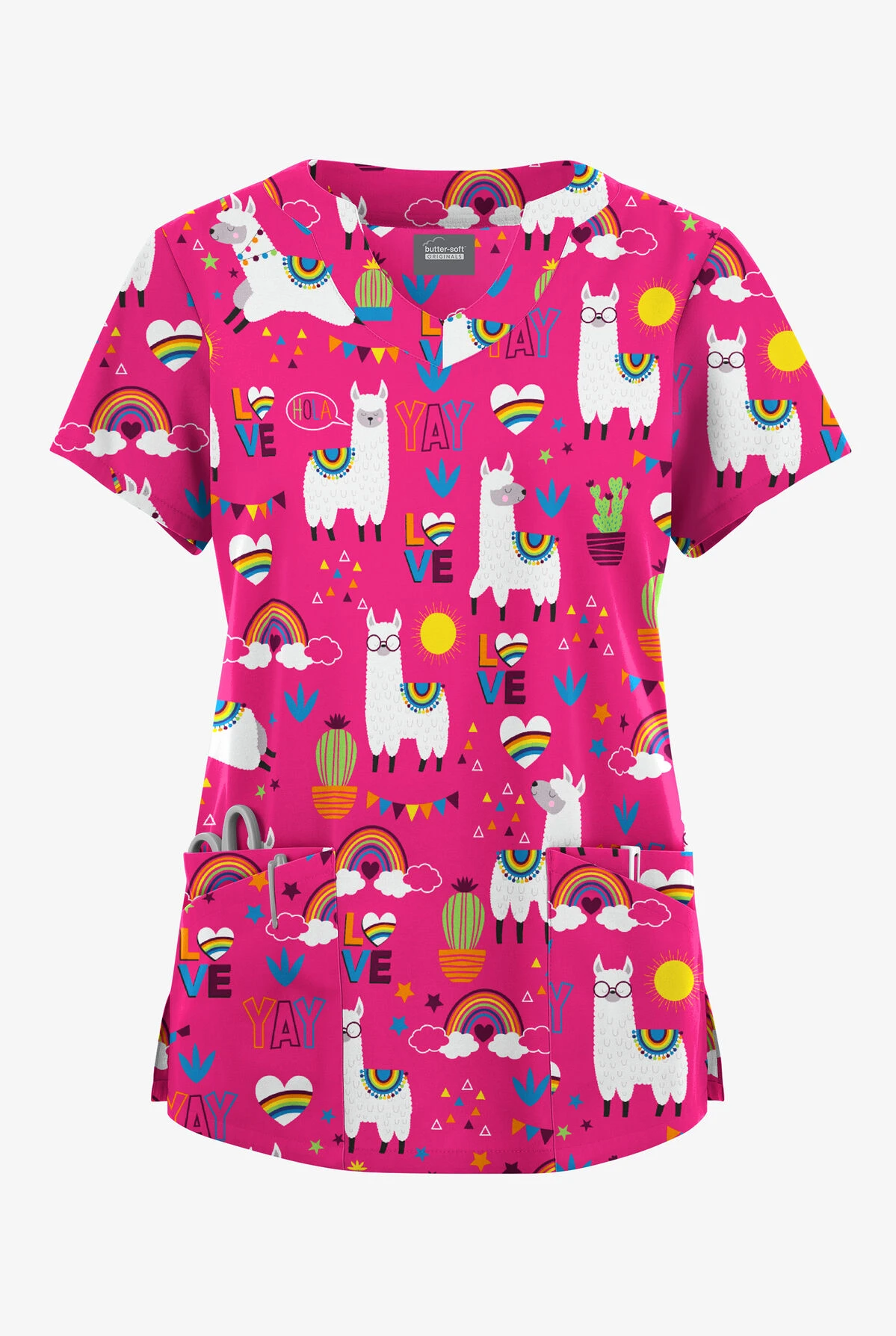 Butter-Soft Originals Llama Love Fuchsia Women's 6-Pocket Scallop Neck Printed Scrub Top 3 Butter-Soft Originals Llama Love Fuchsia Women's 6-Pocket Scallop Neck Printed Scrub Top