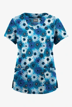 Butter-Soft Originals Pop Of Daisies Turquoise Women's 6-Pocket Scallop Neck Printed Scrub Top
