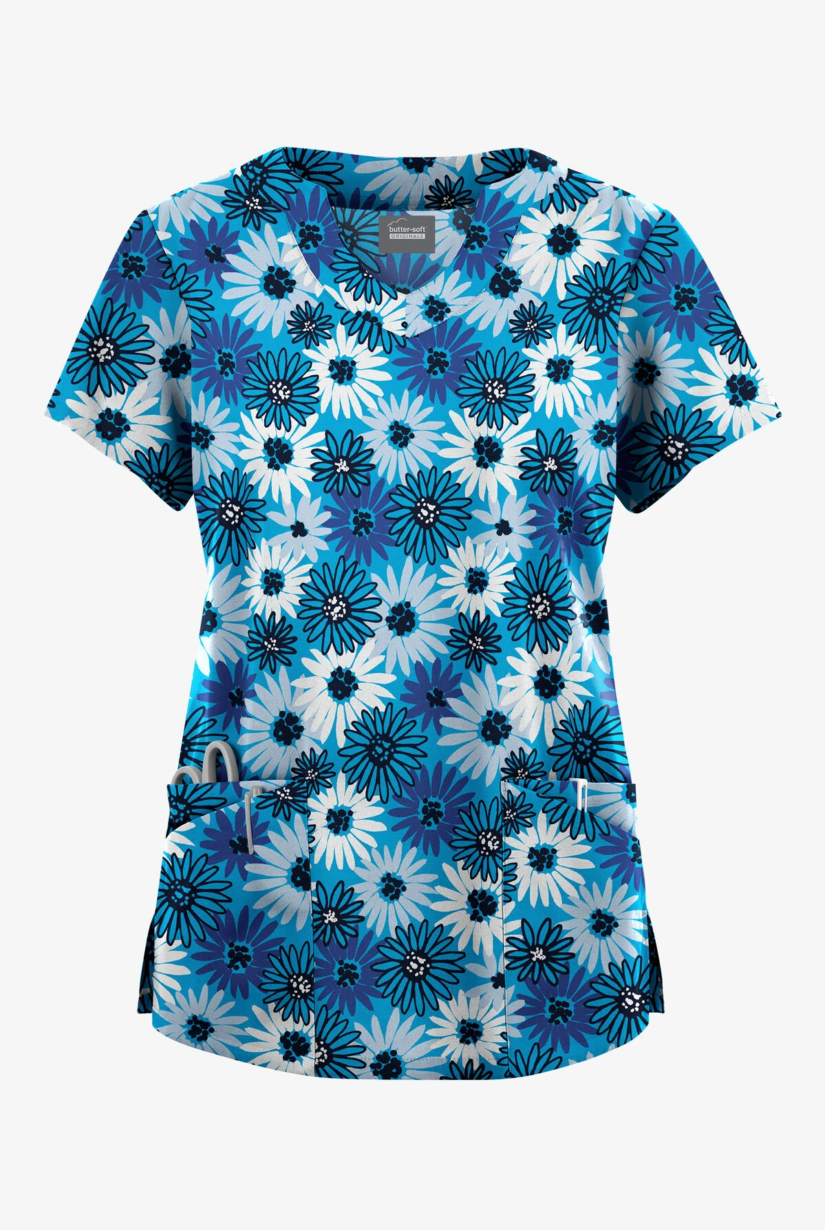 Butter-Soft Originals Pop Of Daisies Turquoise Women's 6-Pocket Scallop Neck Printed Scrub Top 3 Butter-Soft Originals Pop Of Daisies Turquoise Women's 6-Pocket Scallop Neck Printed Scrub Top