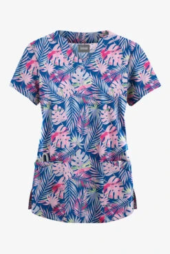 Butter-Soft Originals Tropical Garden Royal Women's 6-Pocket Scallop Neck Printed Scrub TopÂ