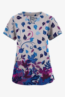 Butter-Soft Originals Autumn Walk Silver Women's 2-Pocket Scallop Neck Printed Scrub Top