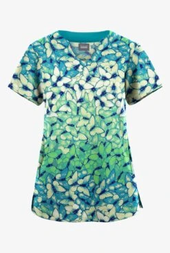 Butter-Soft Originals Garden Butterflies Teal Women's 2-Pocket Scallop Neck Printed Scrub Top