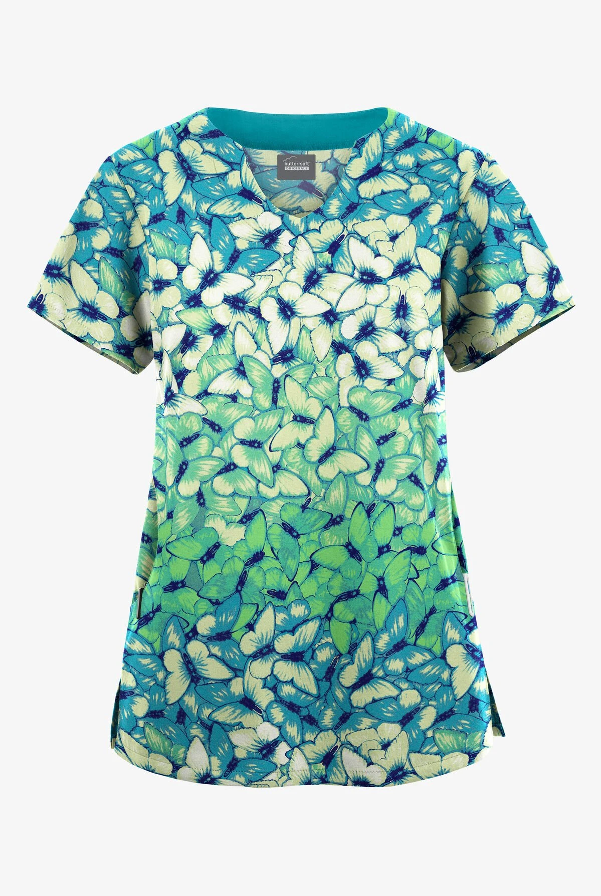Butter-Soft Originals Garden Butterflies Teal Women's 2-Pocket Scallop Neck Printed Scrub Top 3 Butter-Soft Originals Garden Butterflies Teal Women's 2-Pocket Scallop Neck Printed Scrub Top