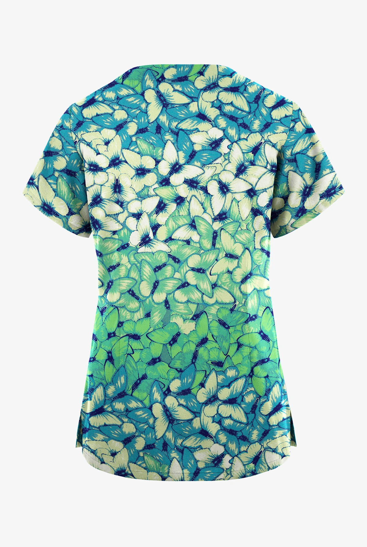 Butter-Soft Originals Garden Butterflies Teal Women's 2-Pocket Scallop Neck Printed Scrub Top 4 Butter-Soft Originals Garden Butterflies Teal Women's 2-Pocket Scallop Neck Printed Scrub Top - Image 2
