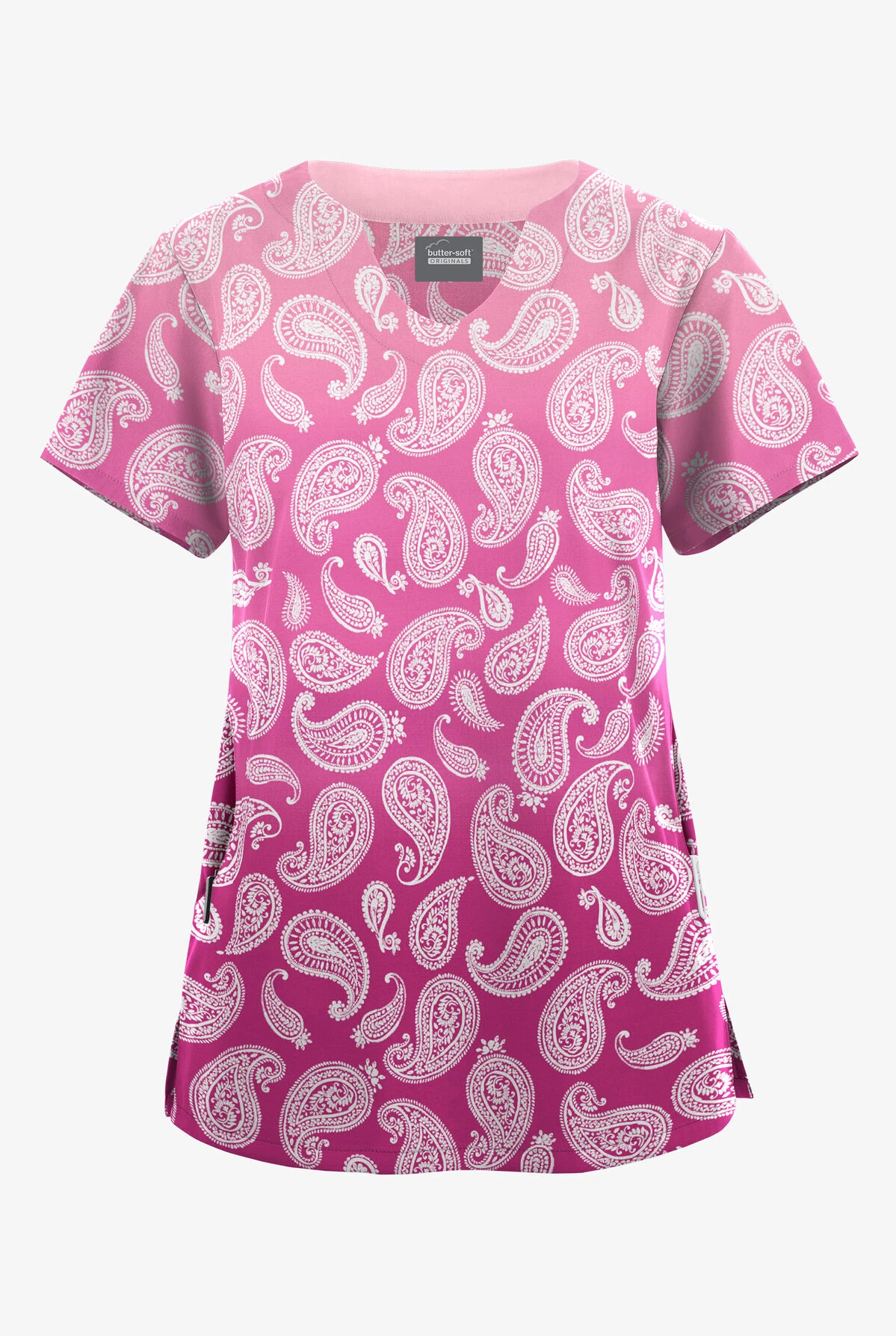 Butter-Soft Originals Paisley Gradient Fuchsia Women's 2-Pocket Scallop Neck Printed Scrub Top 3 Butter-Soft Originals Paisley Gradient Fuchsia Women's 2-Pocket Scallop Neck Printed Scrub Top