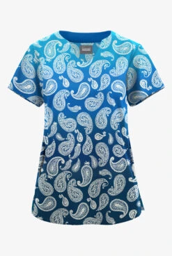 Butter-Soft Originals Paisley Gradient Turquoise Women's 2-Pocket Scallop Neck Printed Scrub TopÂ