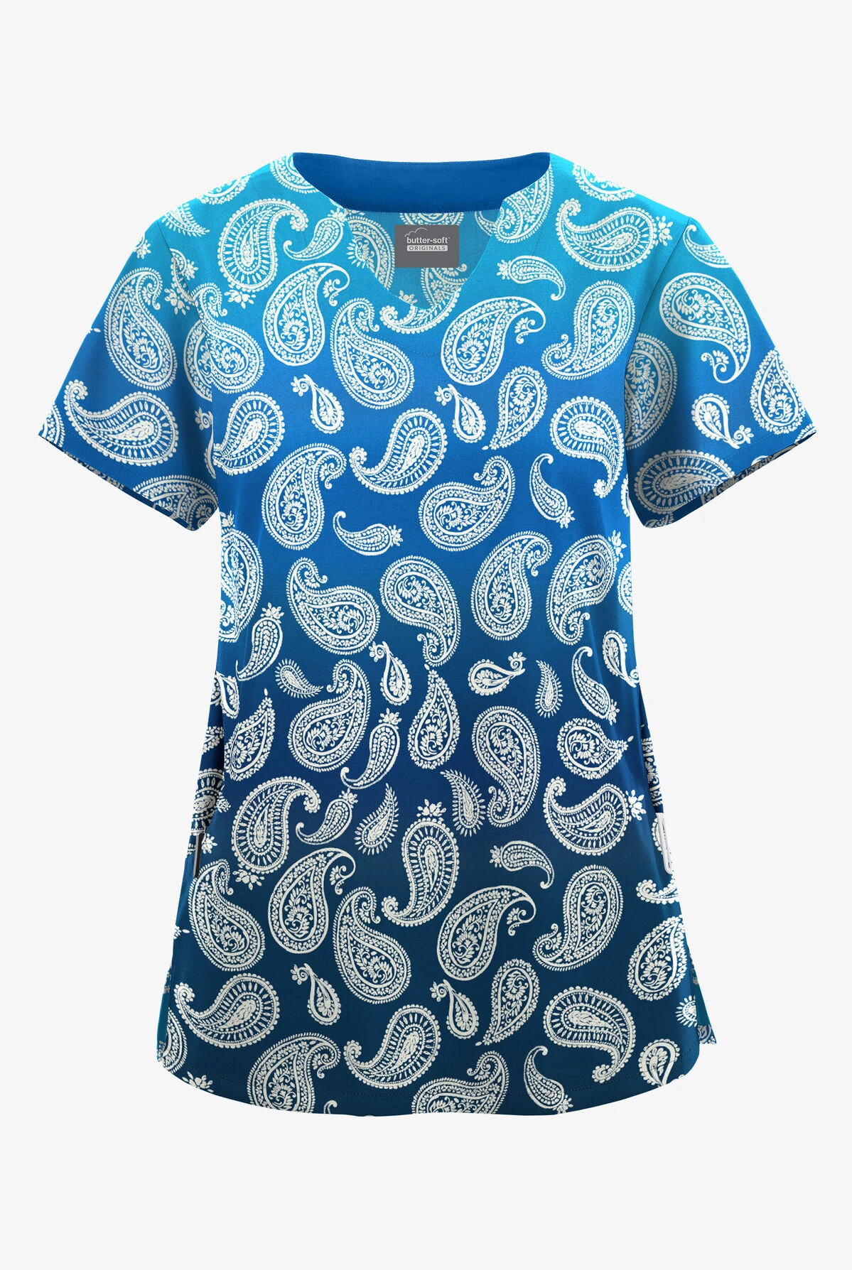 Butter-Soft Originals Paisley Gradient Turquoise Women's 2-Pocket Scallop Neck Printed Scrub Top 3 Butter-Soft Originals Paisley Gradient Turquoise Women's 2-Pocket Scallop Neck Printed Scrub Top
