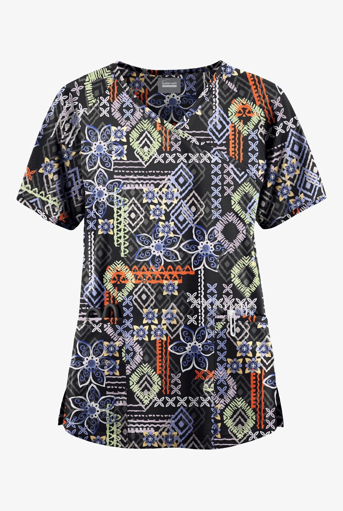 Butter-Soft Originals Floral Batik Women's 3-Pocket Mock Wrap Raglan Sleeve Printed Scrub Top 3 Butter-Soft Originals Floral Batik Women's 3-Pocket Mock Wrap Raglan Sleeve Printed Scrub Top