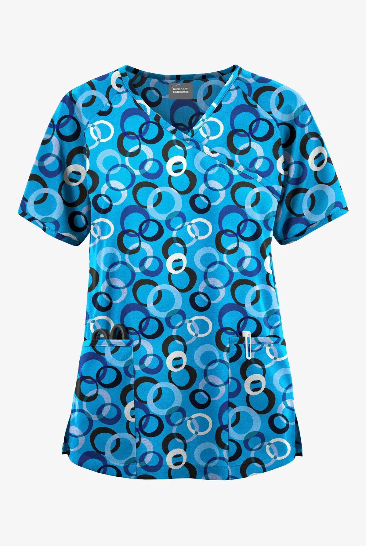 Butter-Soft Originals Groovy Geo Women's 3-Pocket Mock Wrap Raglan Sleeve Printed Scrub Top 3 Butter-Soft Originals Groovy Geo Women's 3-Pocket Mock Wrap Raglan Sleeve Printed Scrub Top