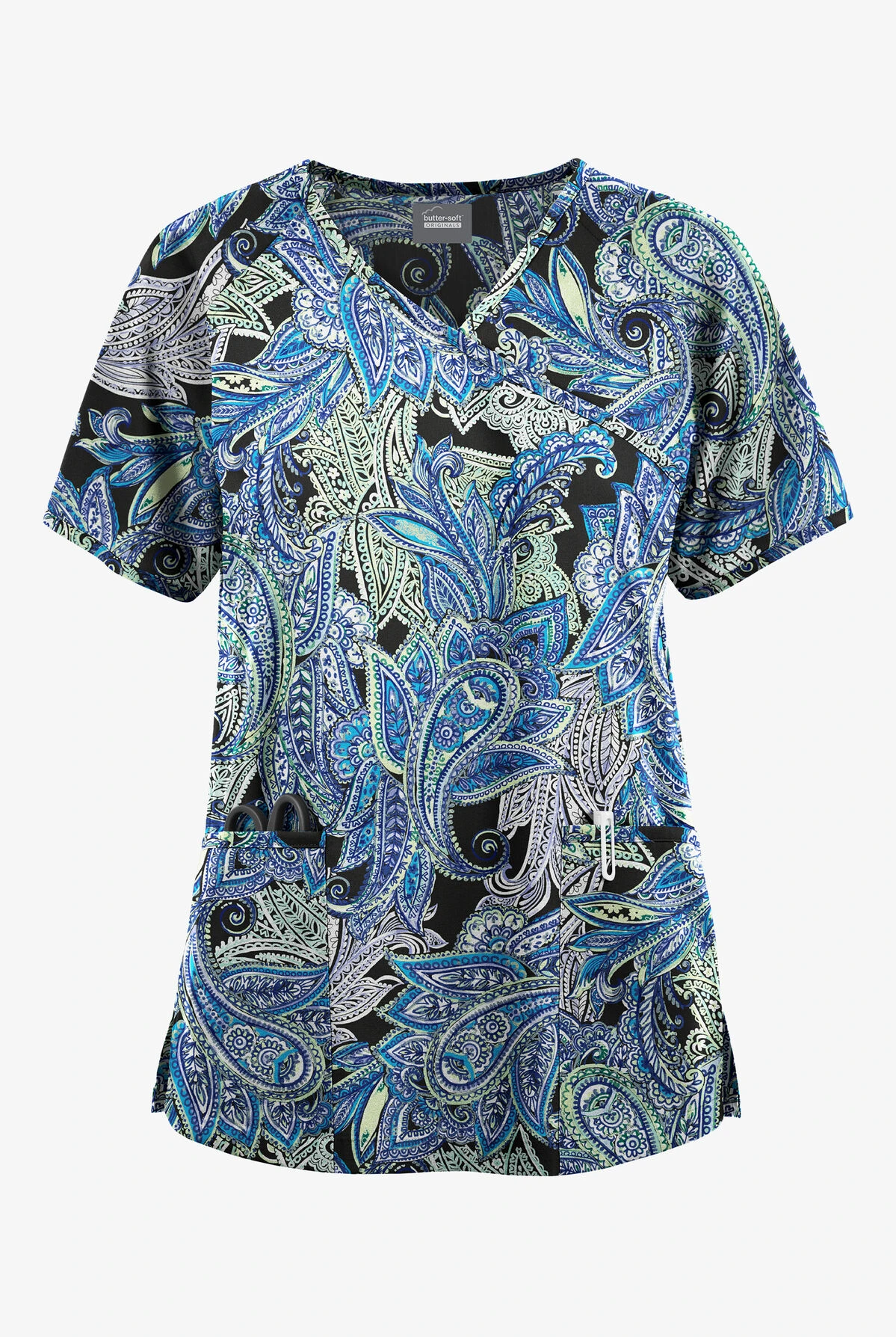 Butter-Soft Originals Layered Paisley Women's 3-Pocket Mock Wrap Raglan Sleeve Printed Scrub Top 3 Butter-Soft Originals Layered Paisley Women's 3-Pocket Mock Wrap Raglan Sleeve Printed Scrub Top