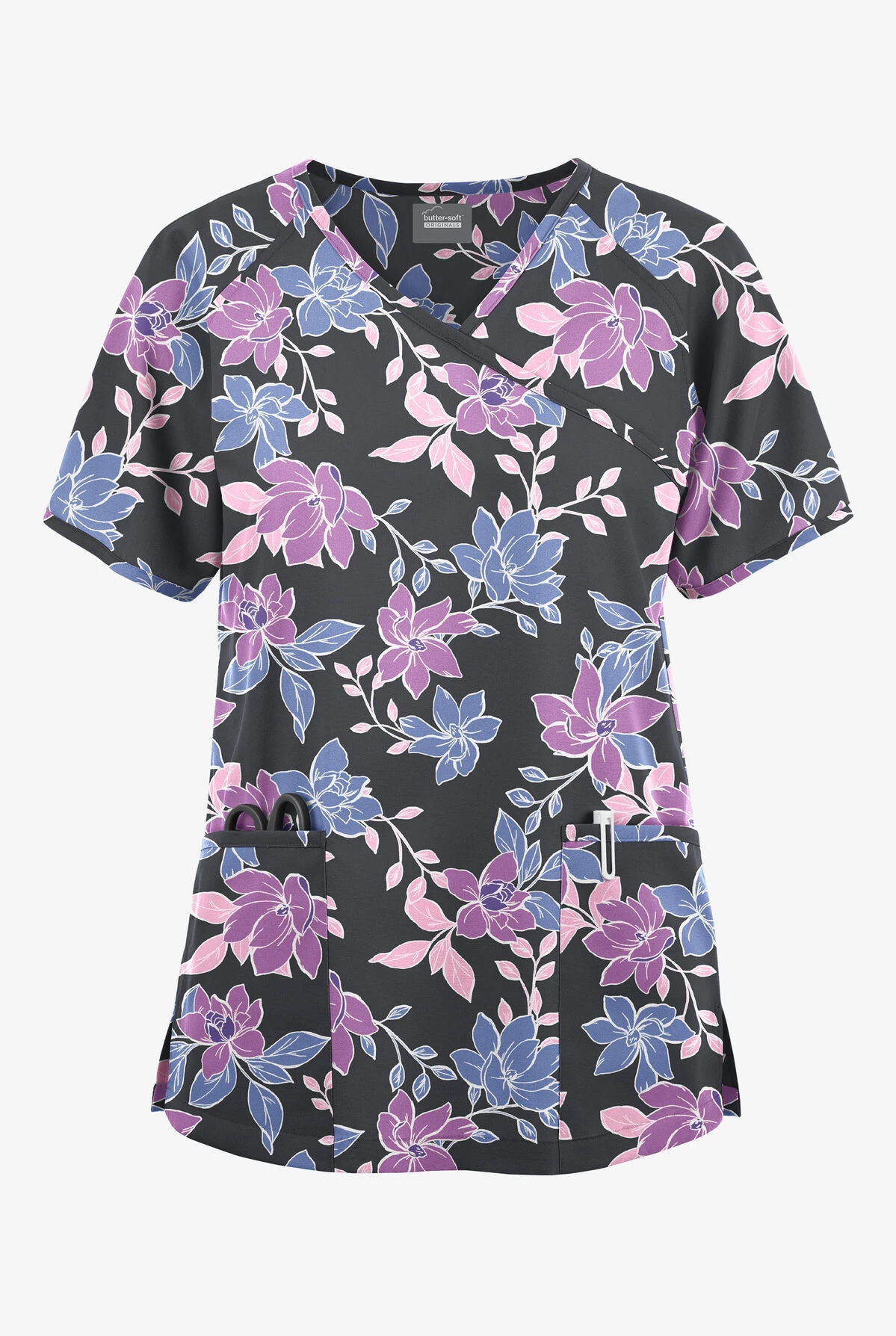Butter-Soft Originals Spring Gardenia Women's 3-Pocket Mock Wrap Raglan Sleeve Printed Scrub Top 3 Butter-Soft Originals Spring Gardenia Women's 3-Pocket Mock Wrap Raglan Sleeve Printed Scrub Top